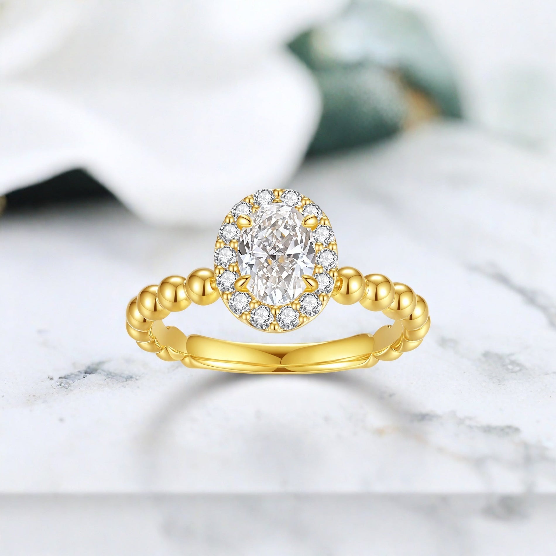Elegant Oval Halo Engagement Ring with Beaded Band