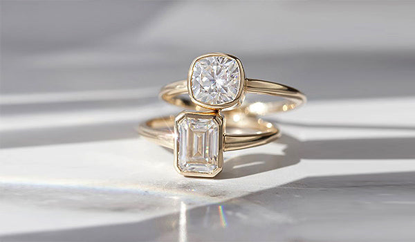 diamond golden rings cushion and emerald shape with bezel setting