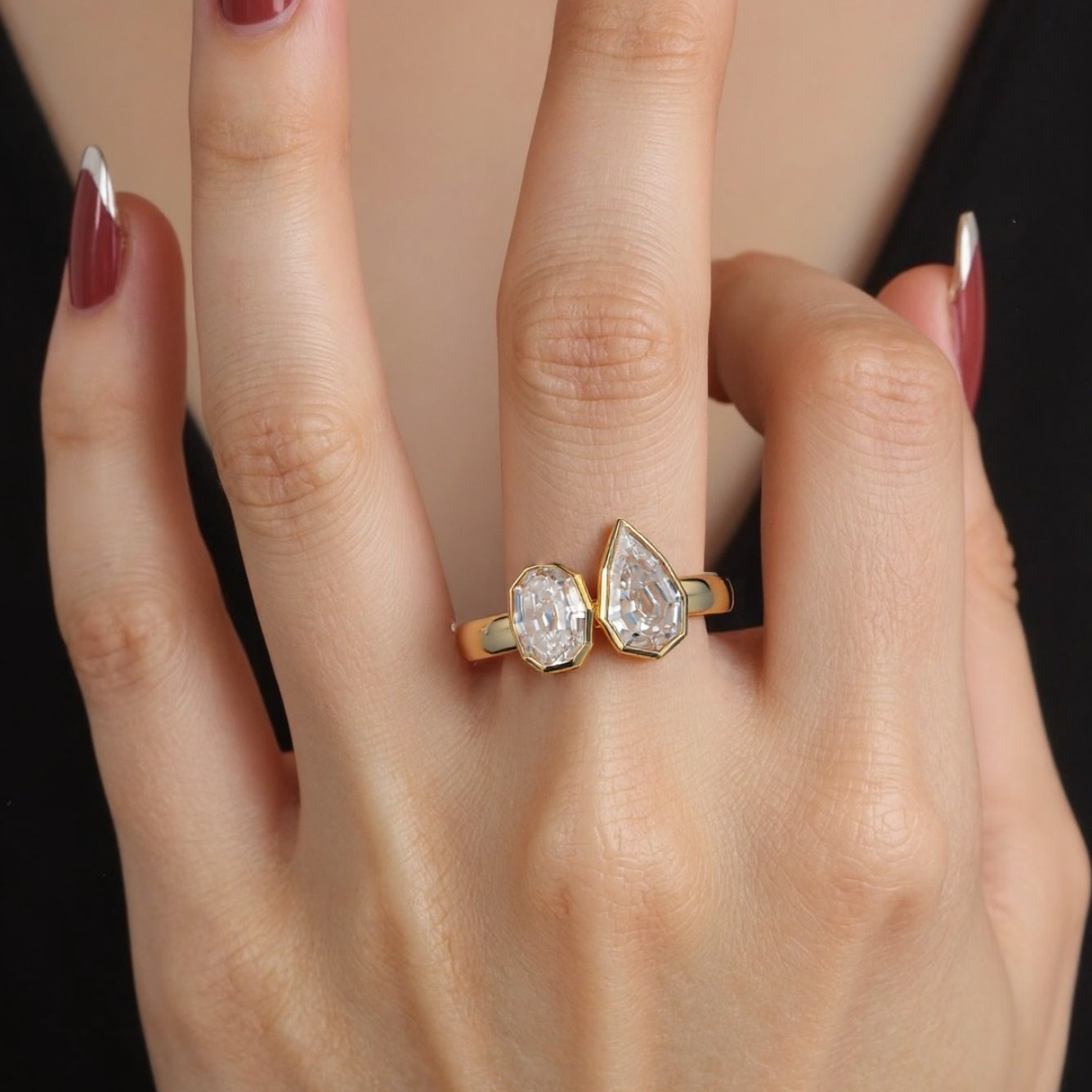 Step-cut diamond ring in yellow gold