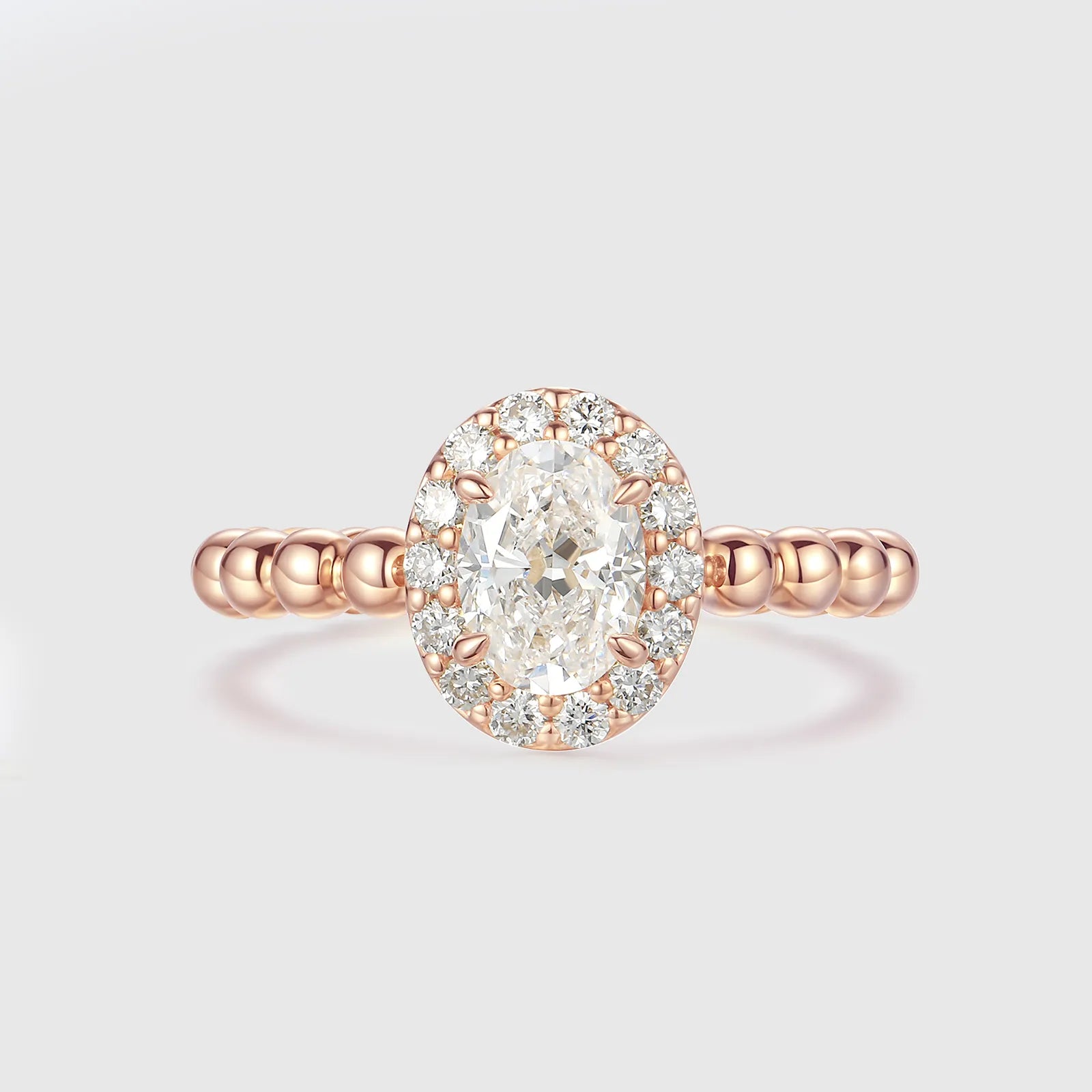 Oval Diamond Halo Engagement Ring with Beaded Band