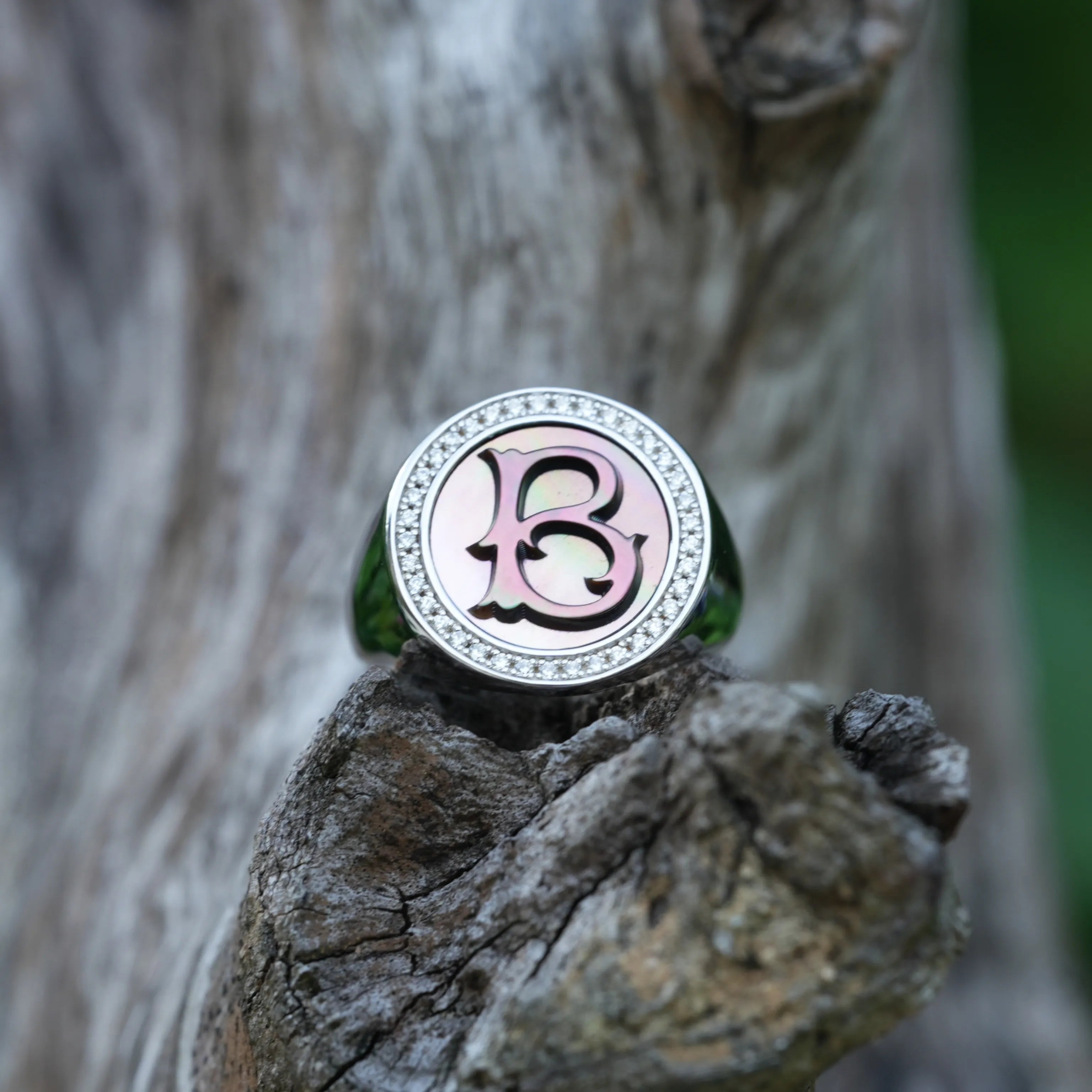 Initial B Letter Series Mother of Pearl and Diamond Signet Ring