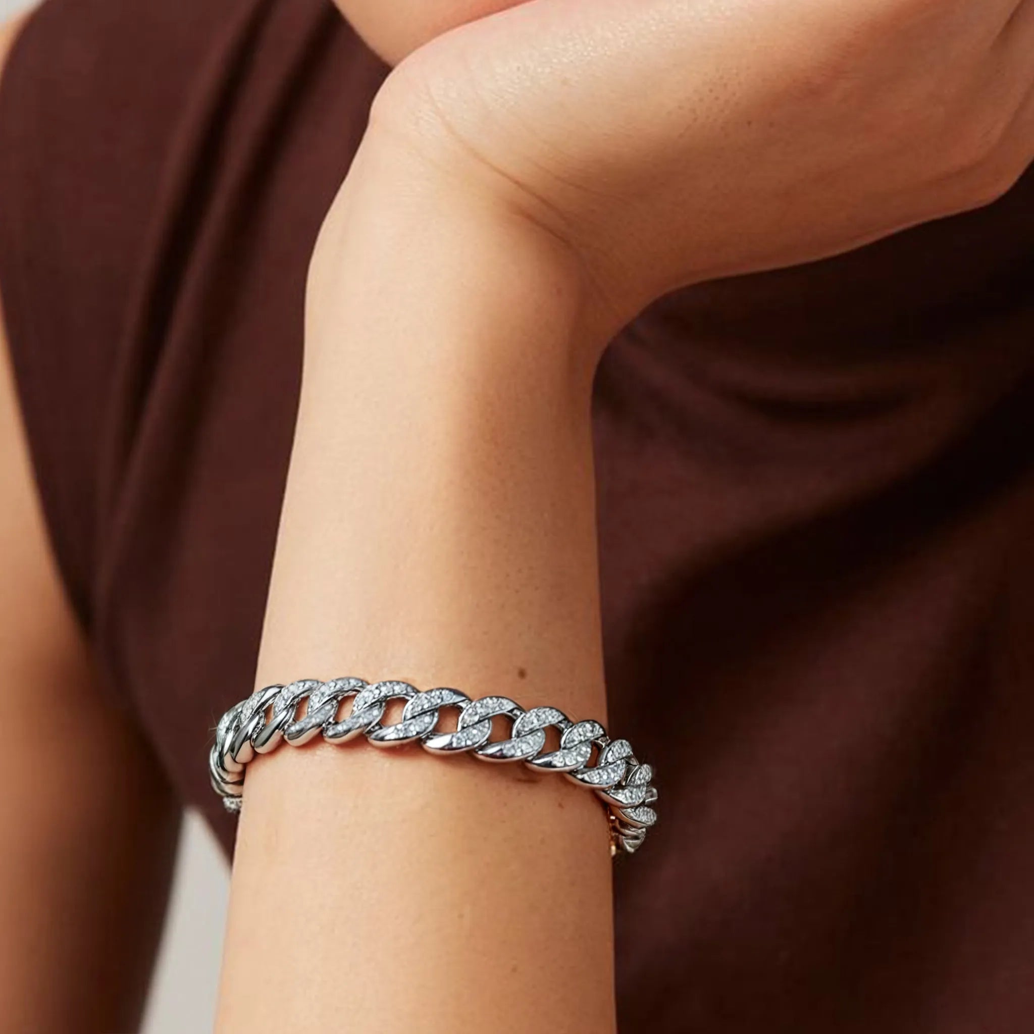 Airy Hollow Gold Cuban Link Bracelet with Paved Diamond Setting