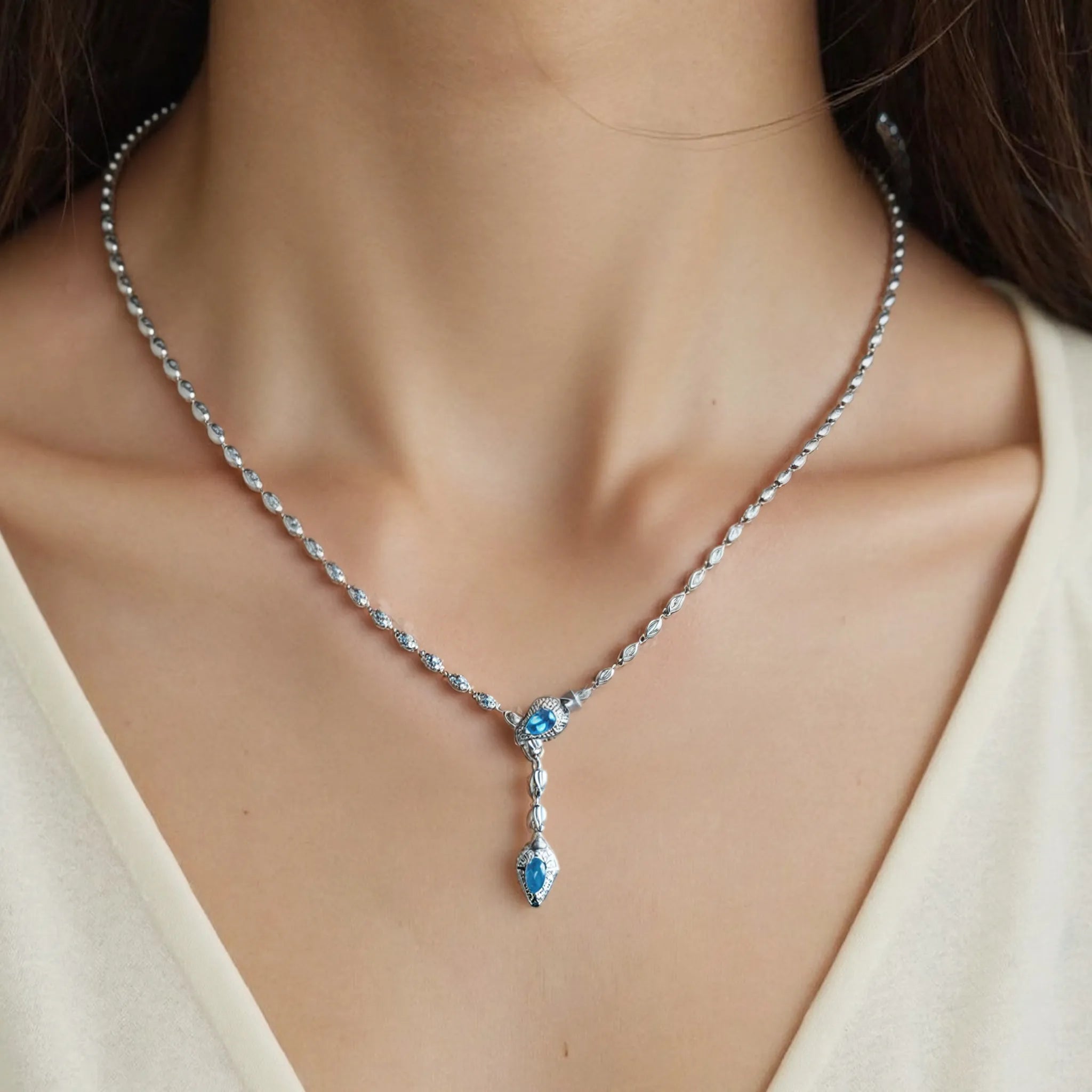 Lab Grown Aquamarine Snake Pendant Necklace