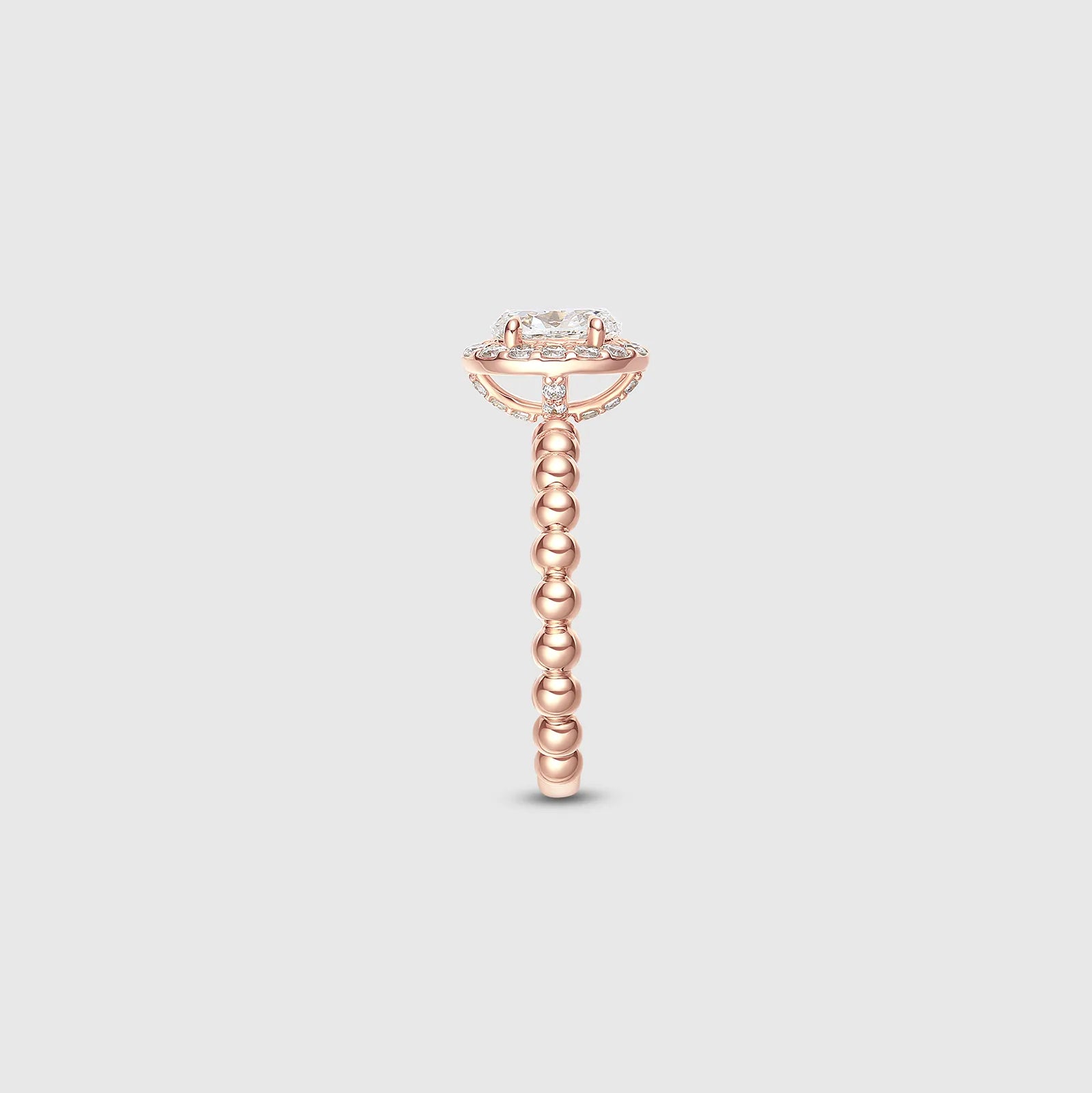 Rose gold beaded band halo oval diamond engagement ring