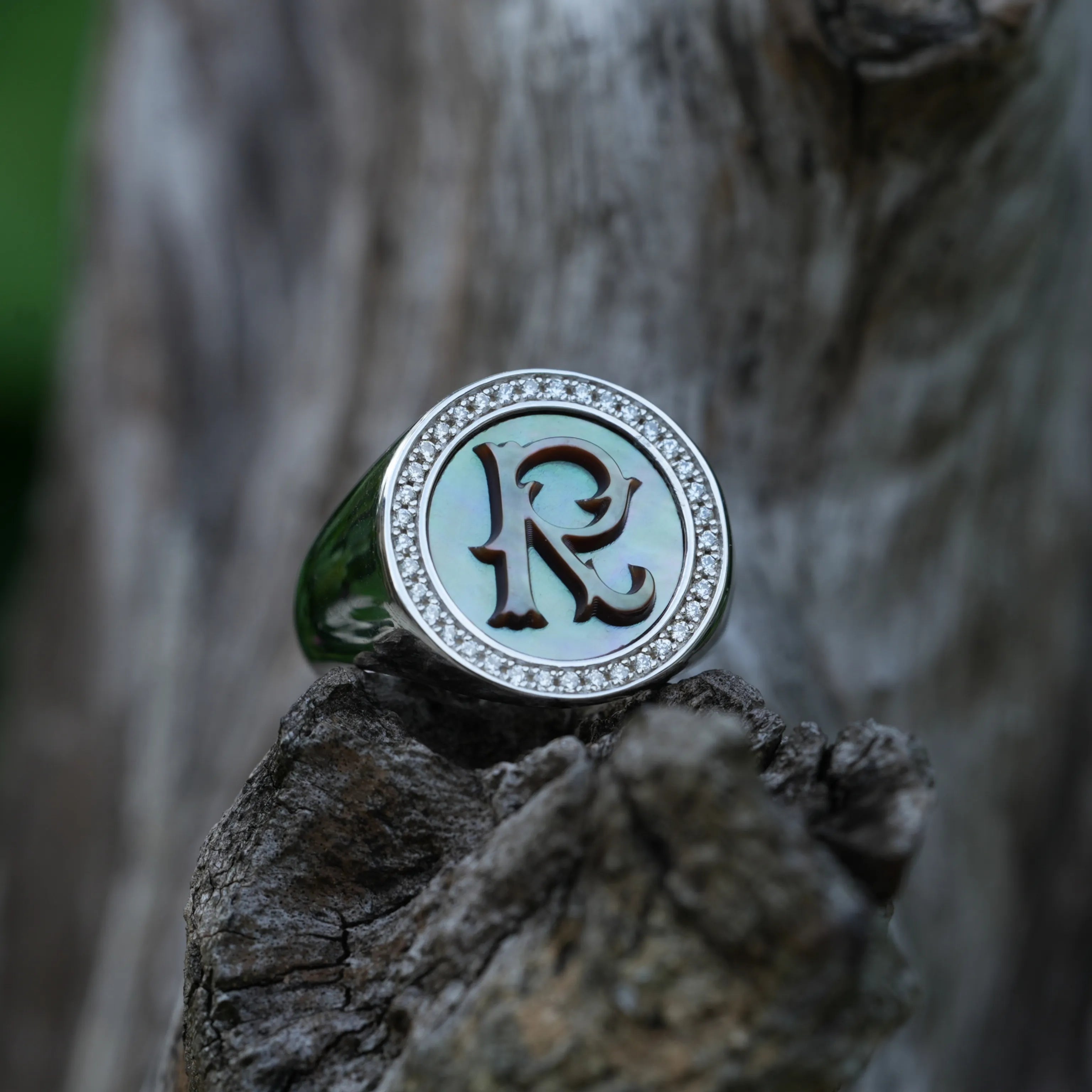 Initial R Letter Series Mother of Pearl and Diamond Signet Ring