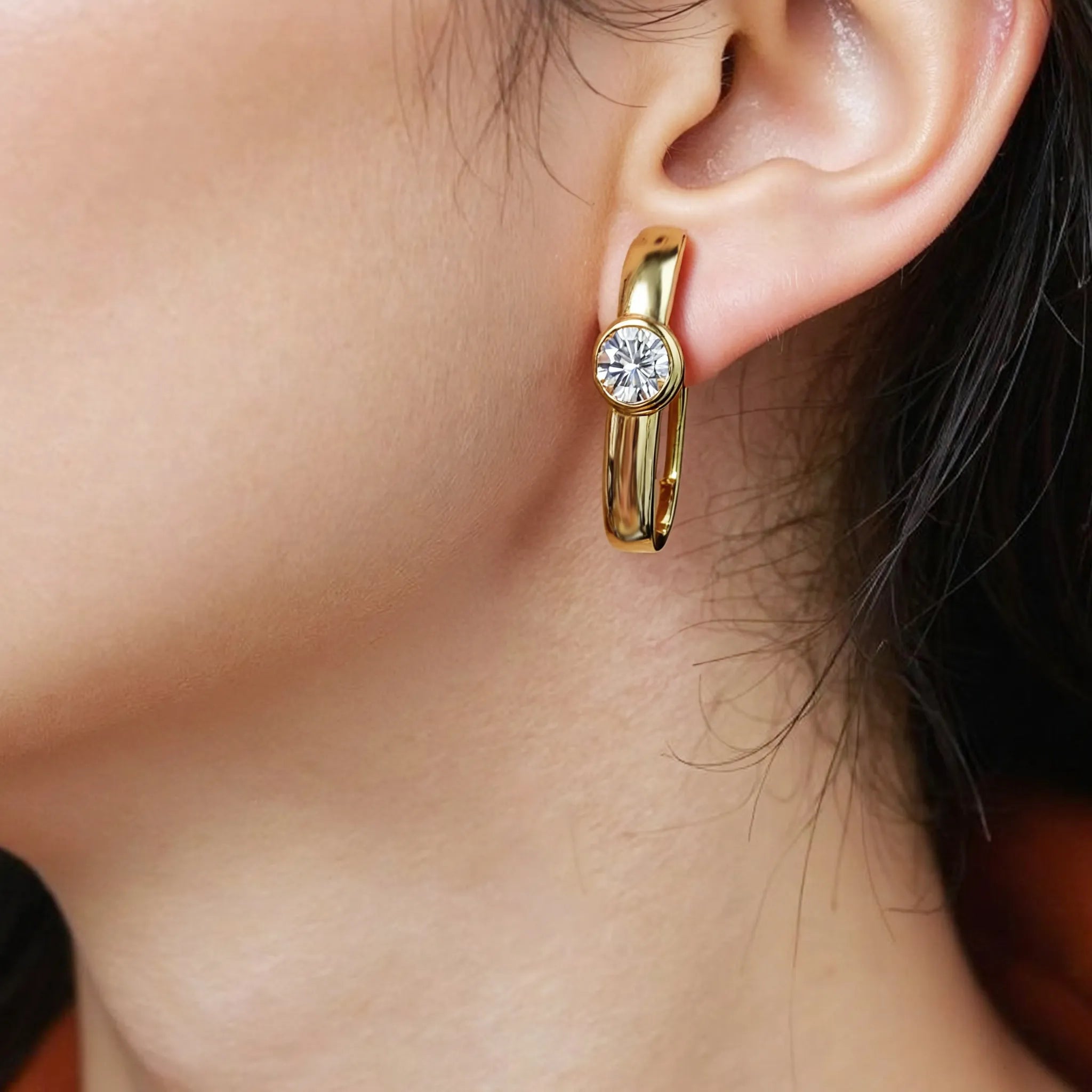 Airy Hollow Gold Bezel-Set Huggie Round Diamond Hoop Earrings