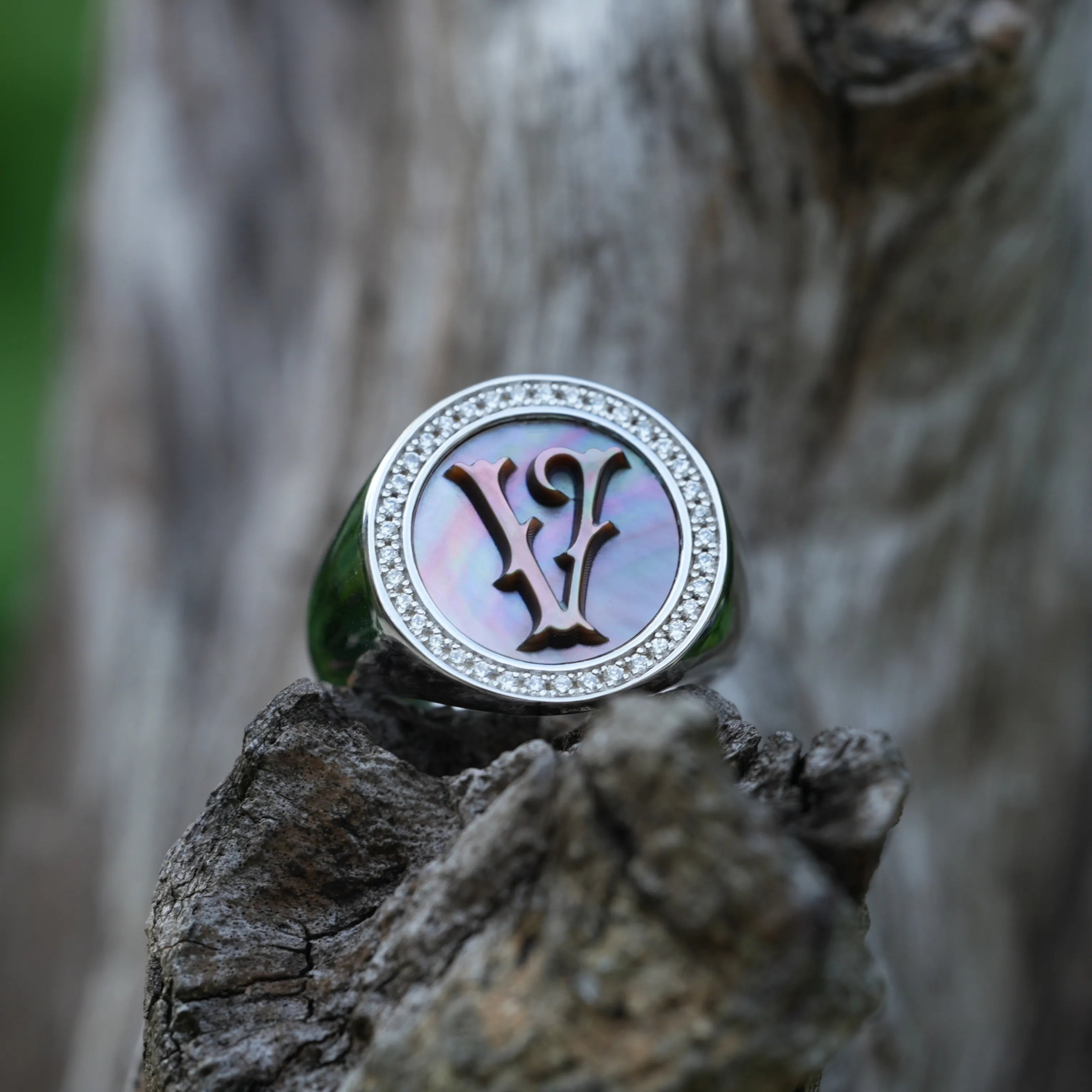 Initial V Letter Series Mother of Pearl and Diamond Signet Ring