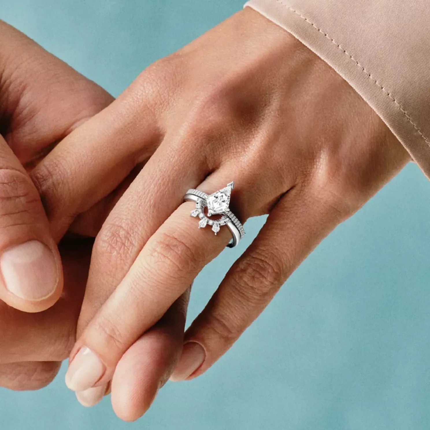 Kite-Cut Lab Diamond Ring Starlit Crown Band Bridal Set 2PCs