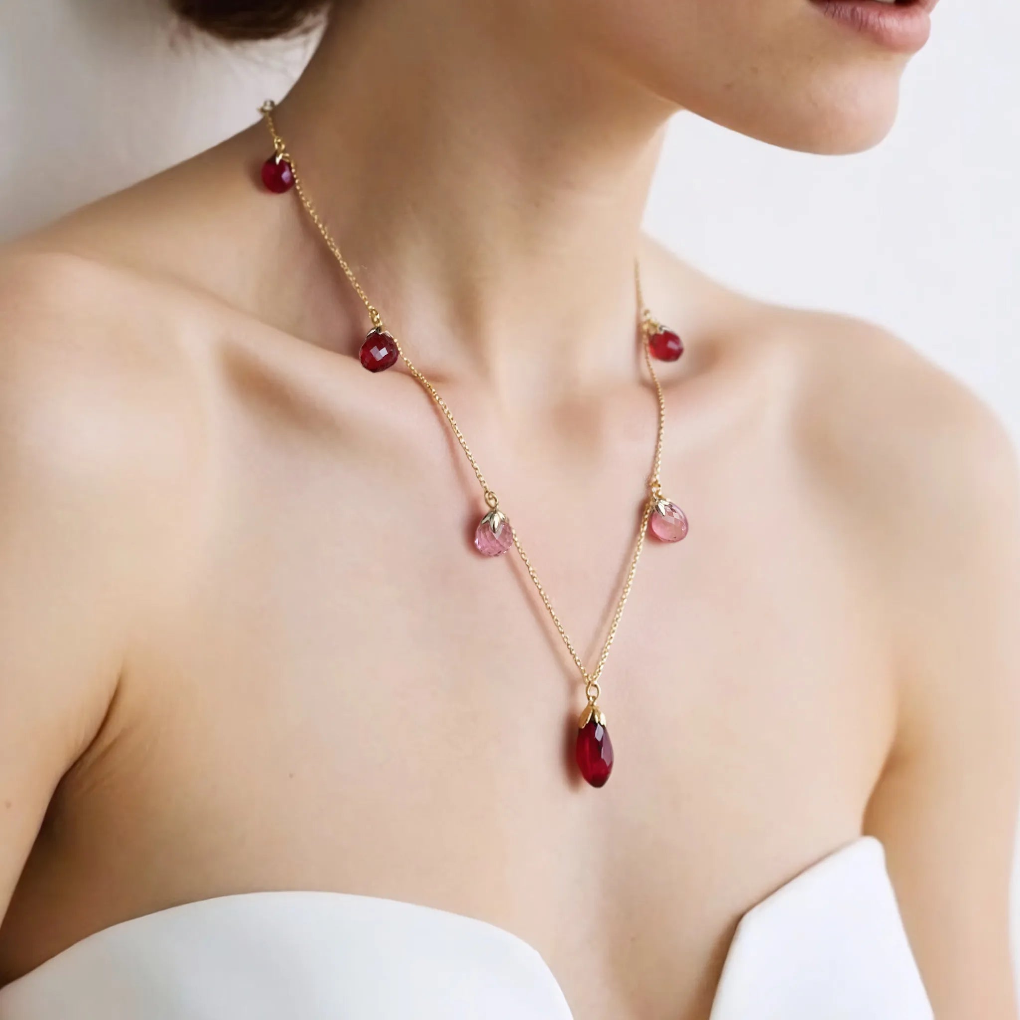 Rose Garden Series-Red Rose Inspired Teardrop Gemstone Lariat Necklace