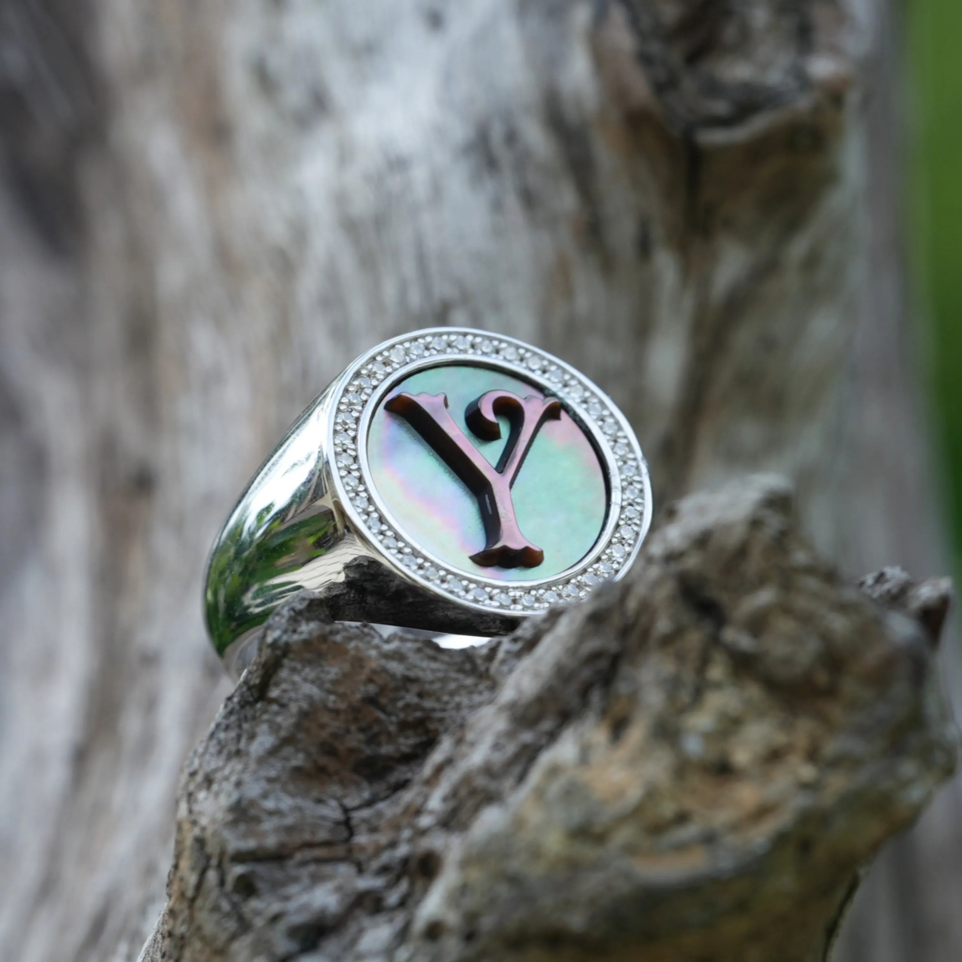 Initial Y Letter Series Mother of Pearl and Diamond Signet Ring