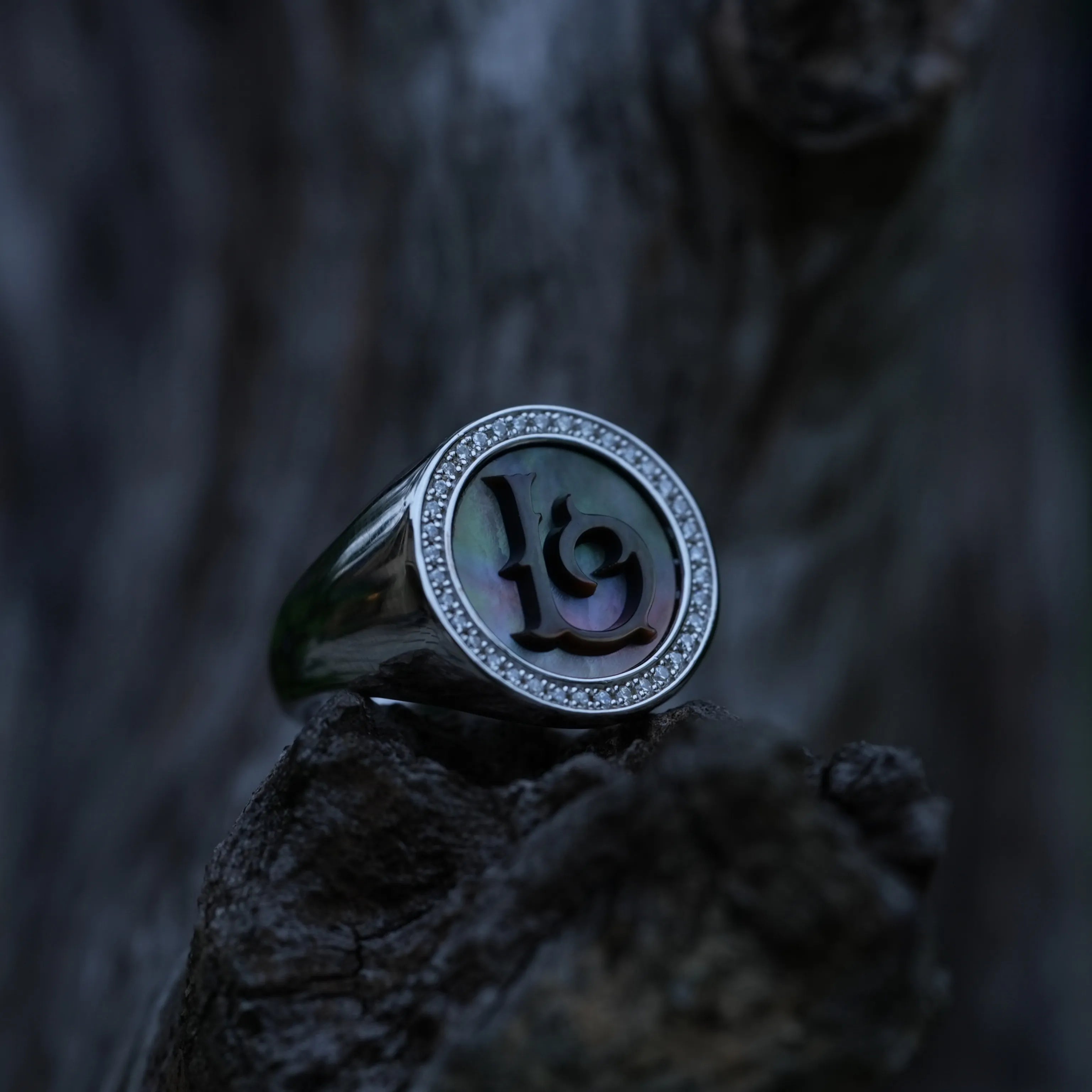 Letter L Ring | Black Mother of Pearl & Lab Diamond Keepsake Letter L Ring | Black Mother of Pearl & Lab Diamond Keepsake