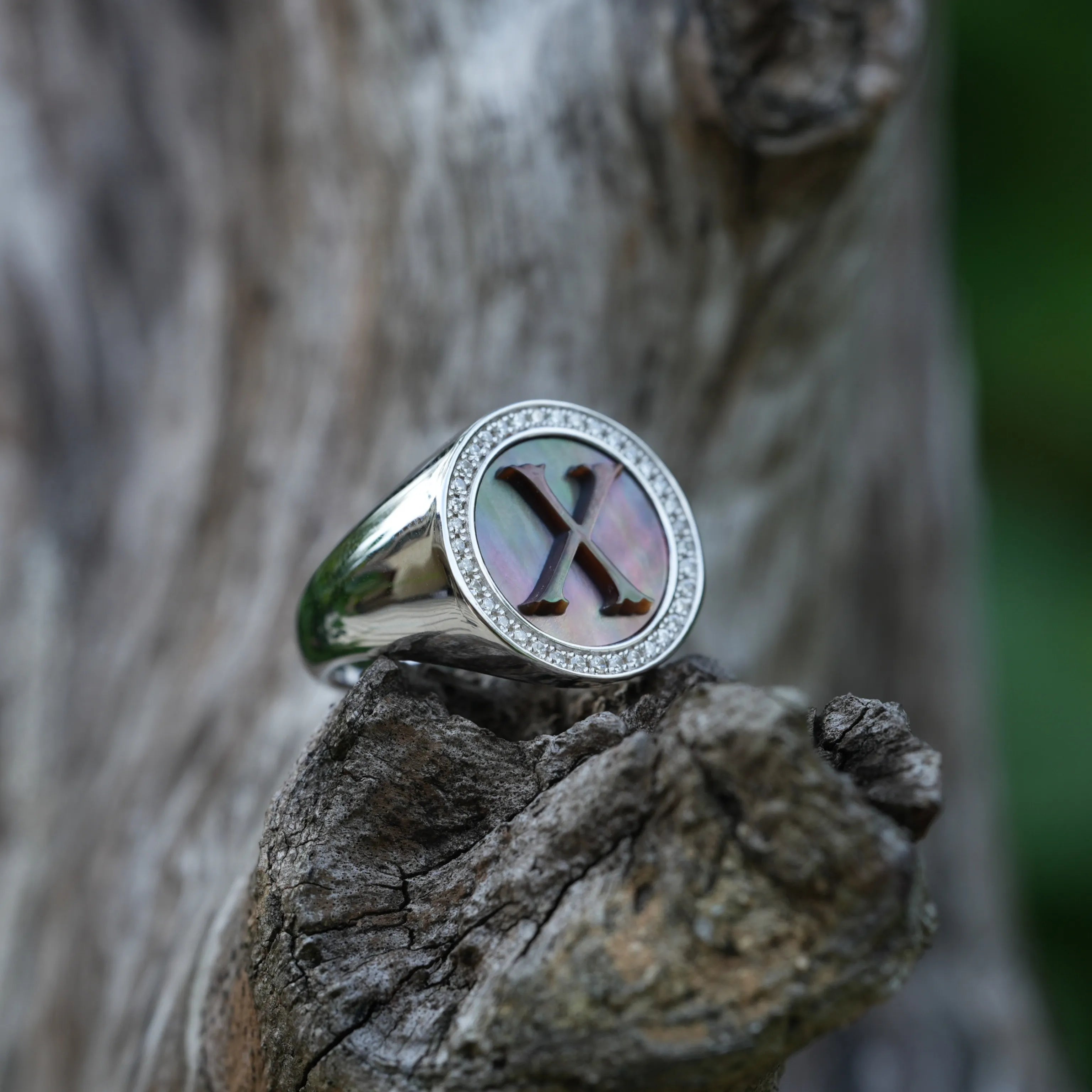 Initial X Letter Series Mother of Pearl and Diamond Signet Ring
