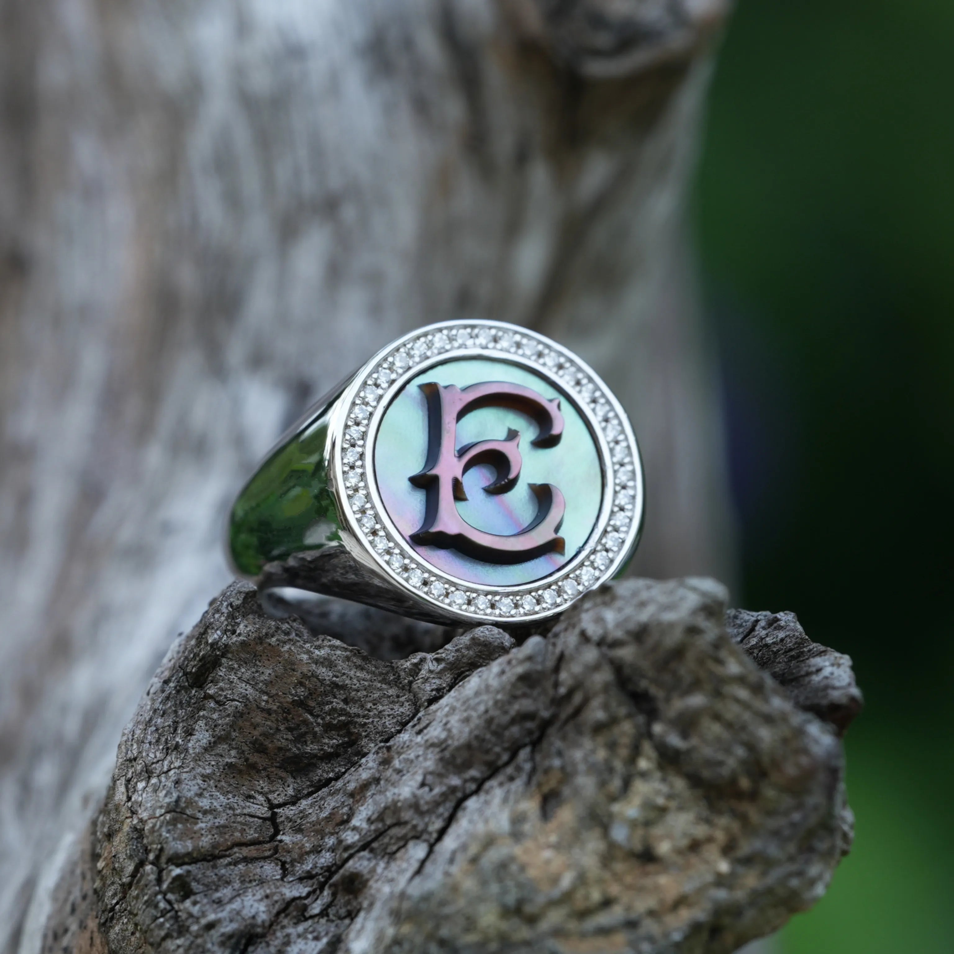 Initial E Letter Series Mother of Pearl and Diamond Signet Ring