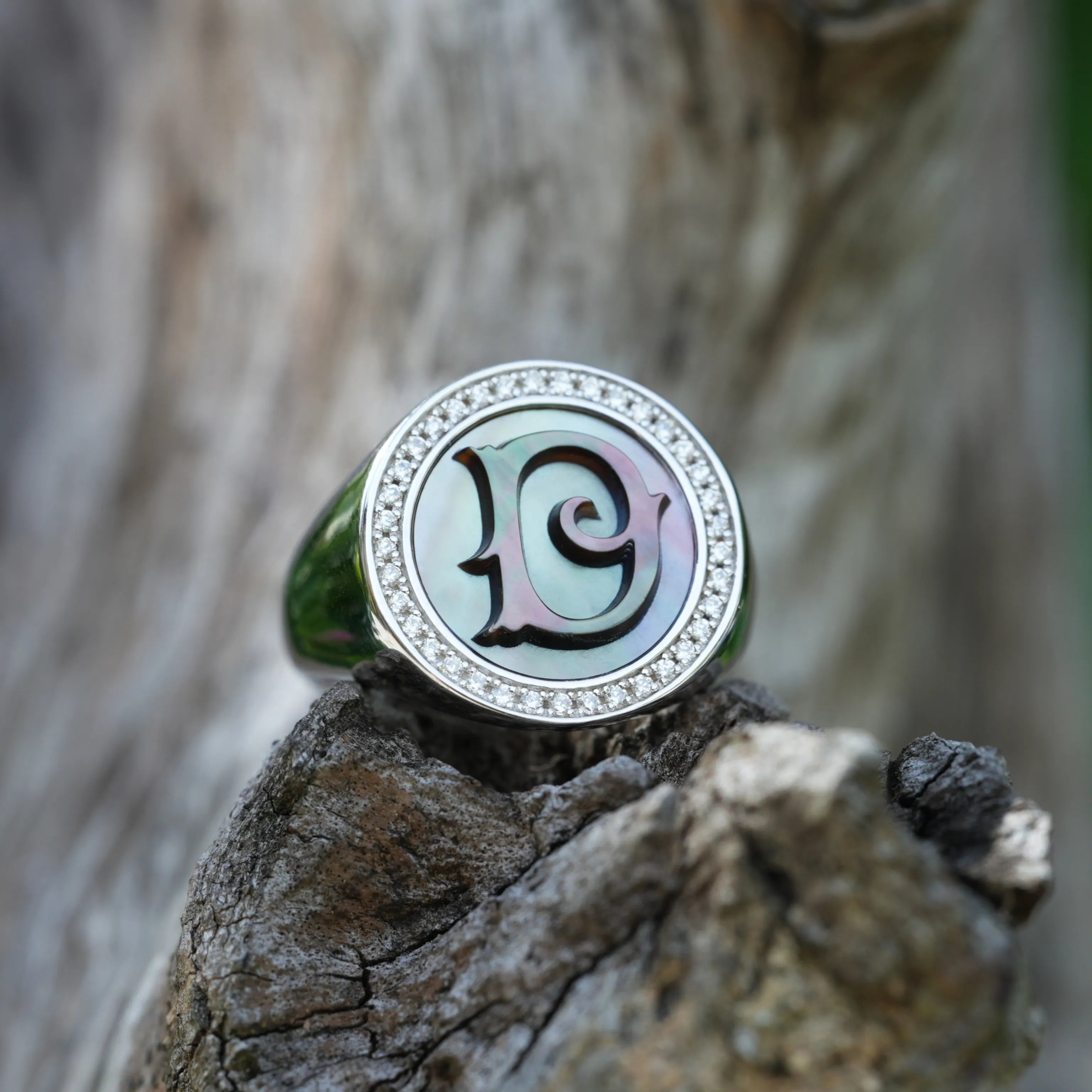 Initial D Letter Series Mother of Pearl and Diamond Signet Ring