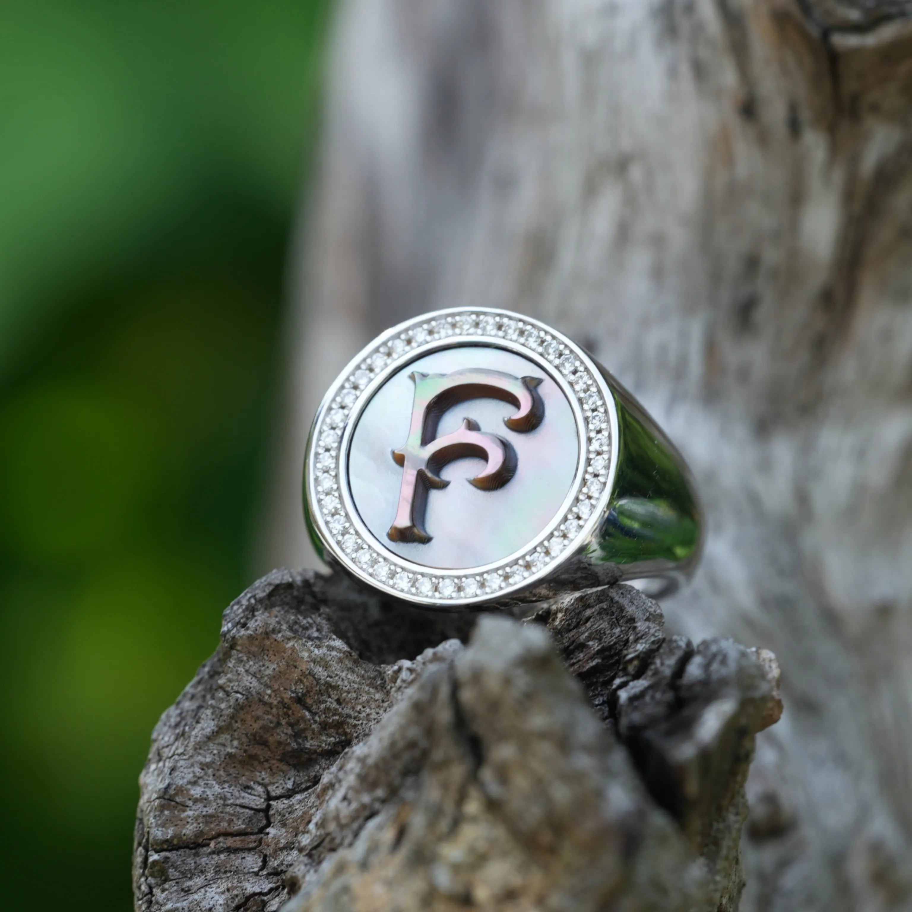 Initial F Letter Series Mother of Pearl and Diamond Signet Ring