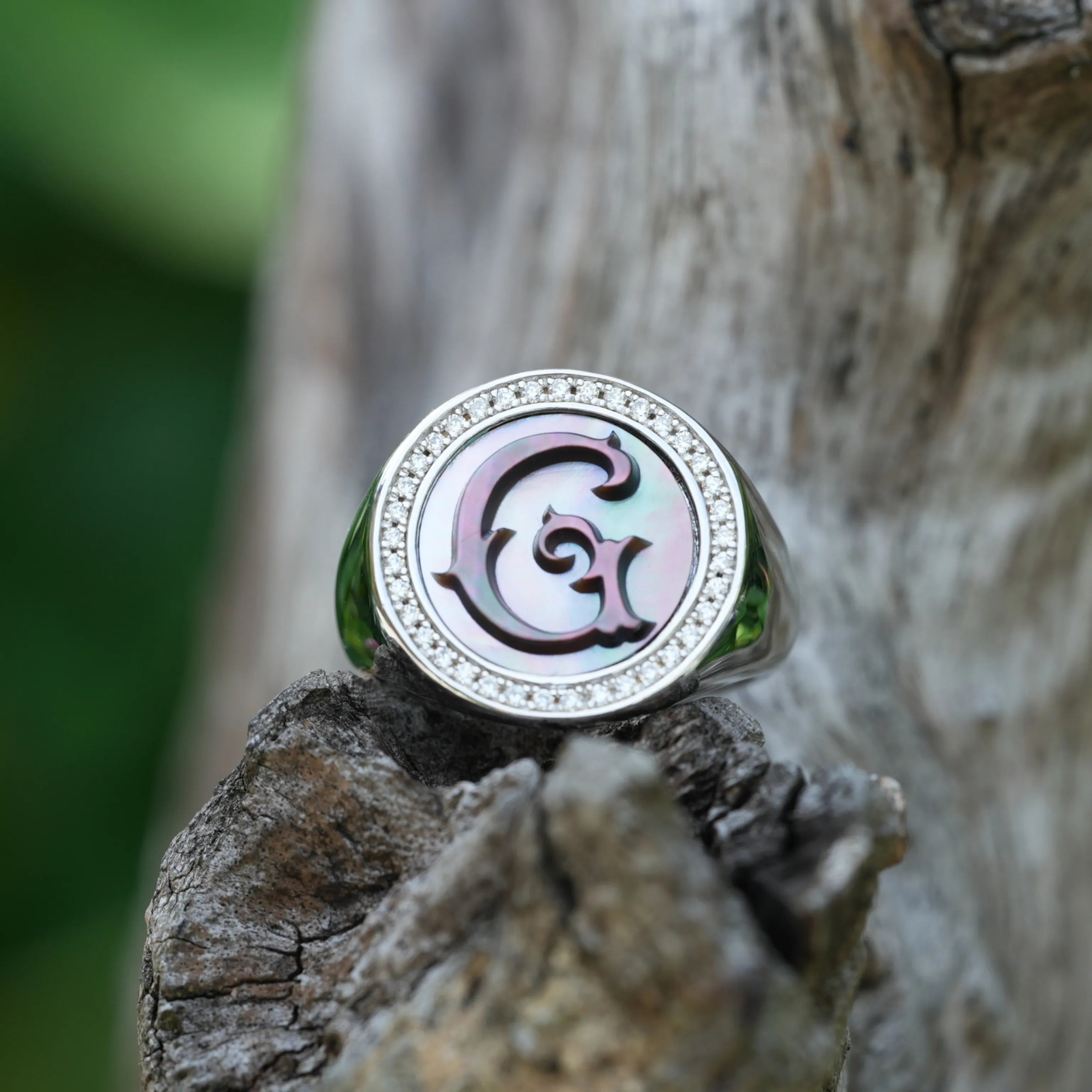Initial G Letter Series Mother of Pearl and Diamond Signet Ring