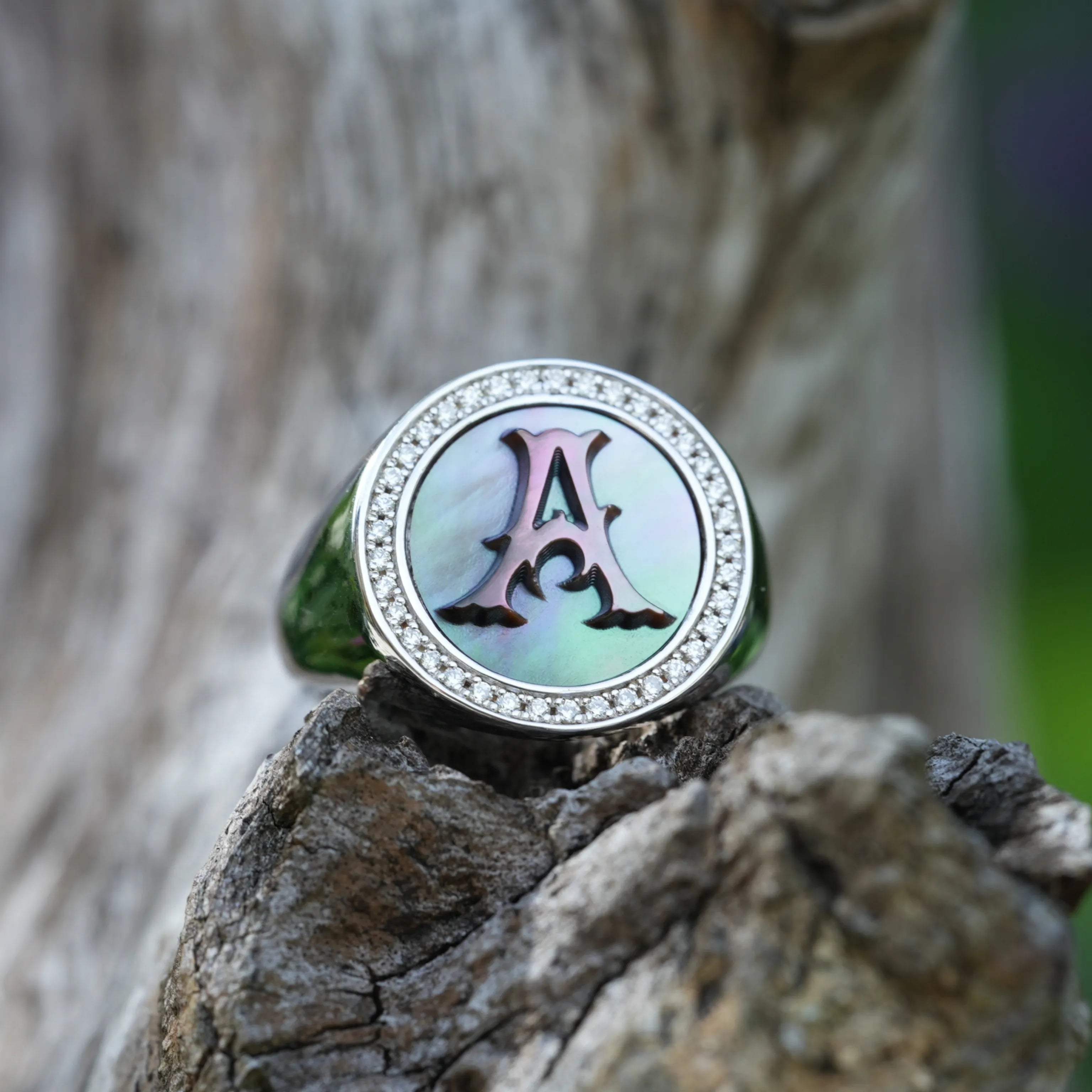 Initial A Letter Series Mother of Pearl and Diamond Signet Ring