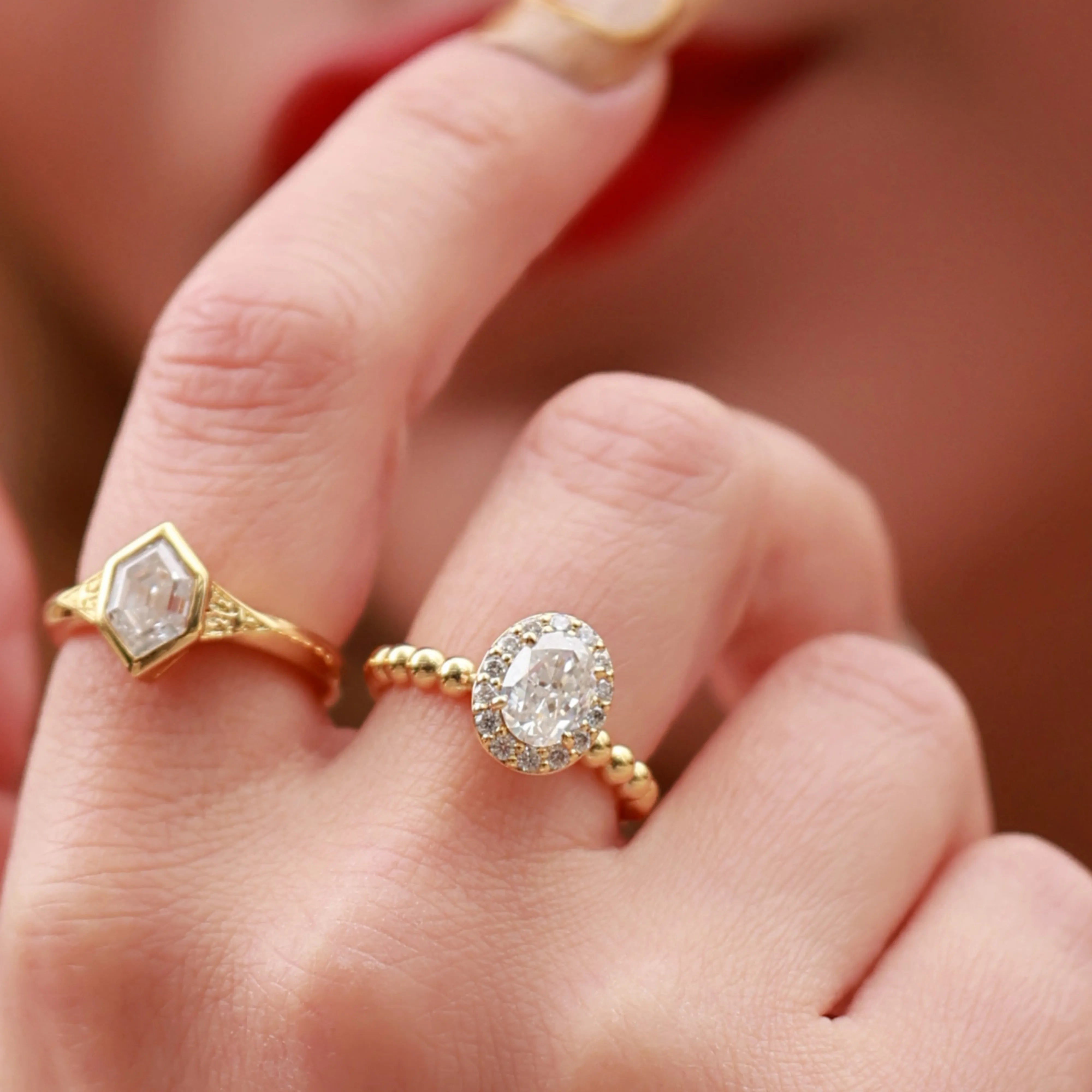 Halo Oval Diamond Engagement Ring with Beaded Band