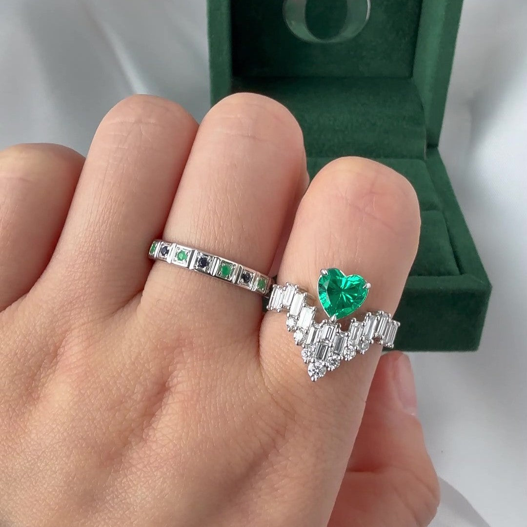 Luxury Heart-Shaped Emerald & Baguette-Cut Gemstone Ring