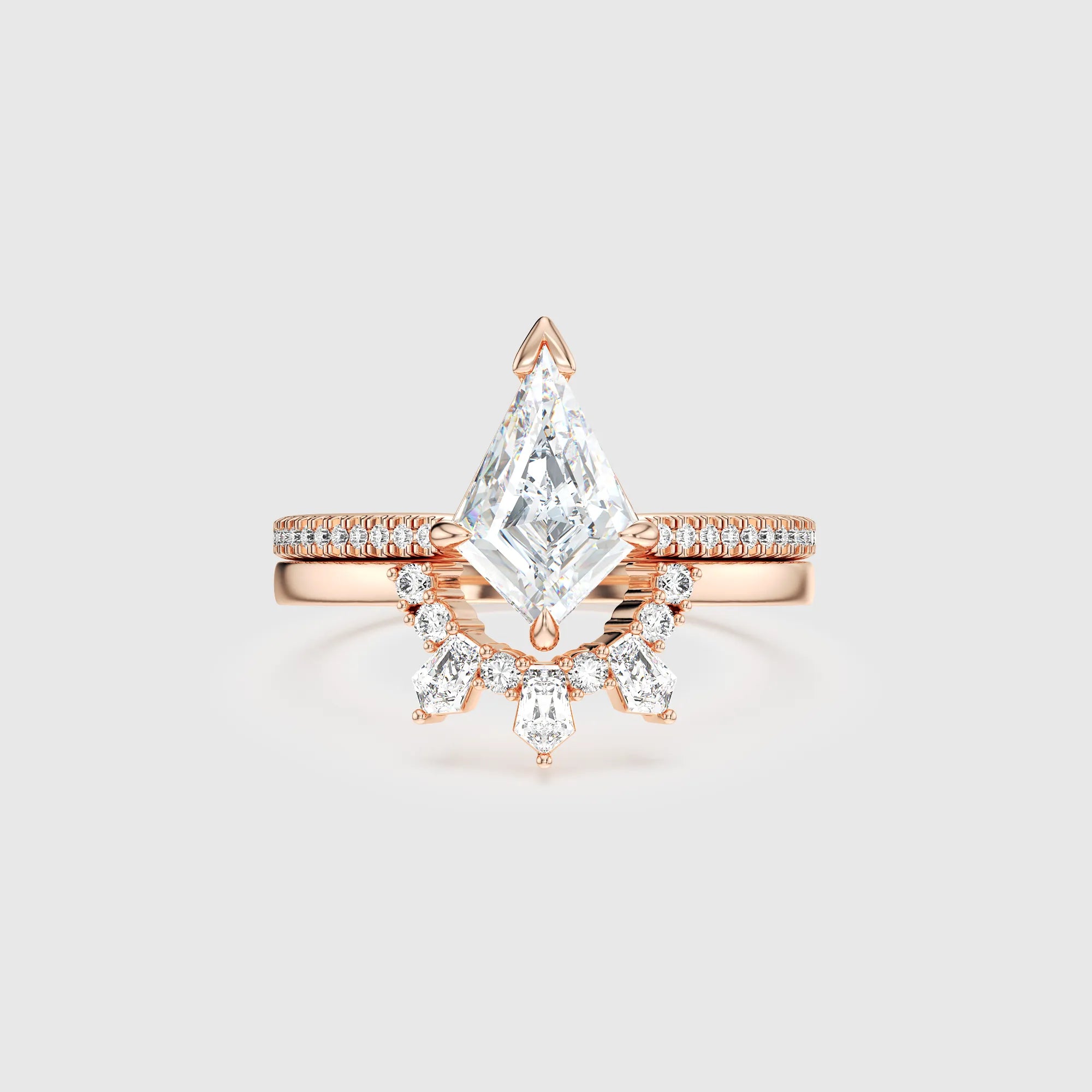 Kite-Cut Lab Diamond Ring Starlit Crown Band Bridal Set 2PCs