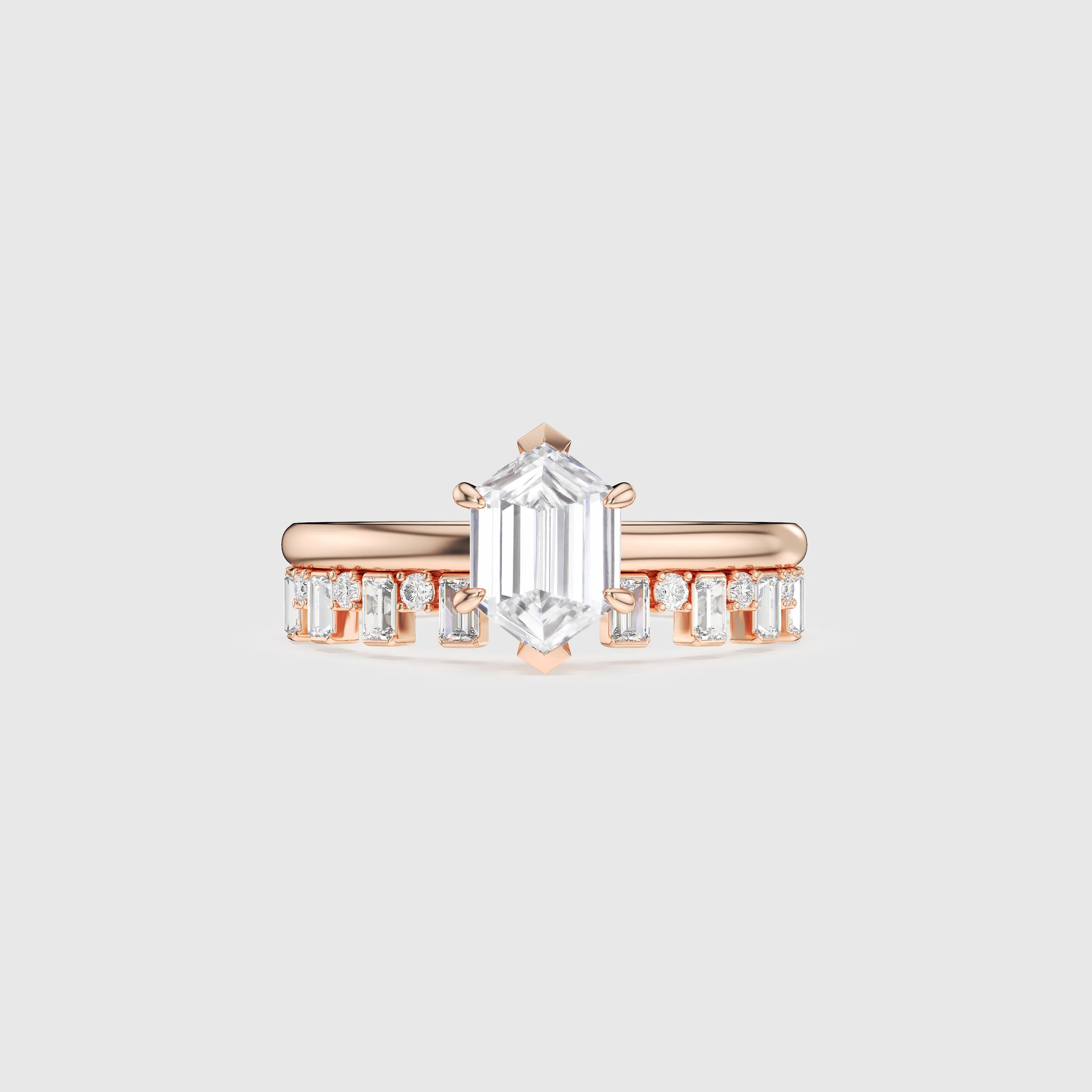 Hexagon Cut Bridal Set with Baguette Diamond Band