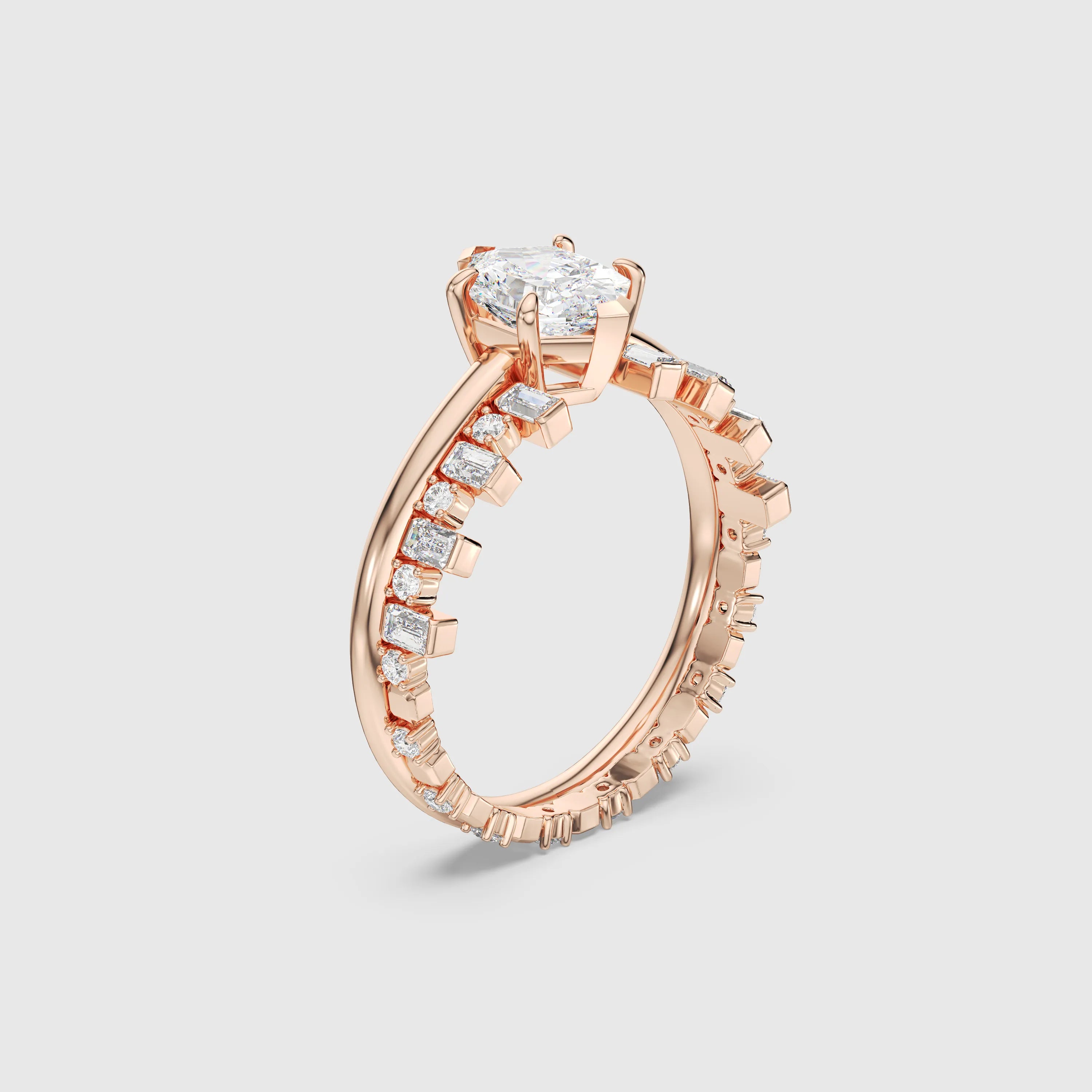 Hexagon Cut Bridal Set with Baguette Diamond Band