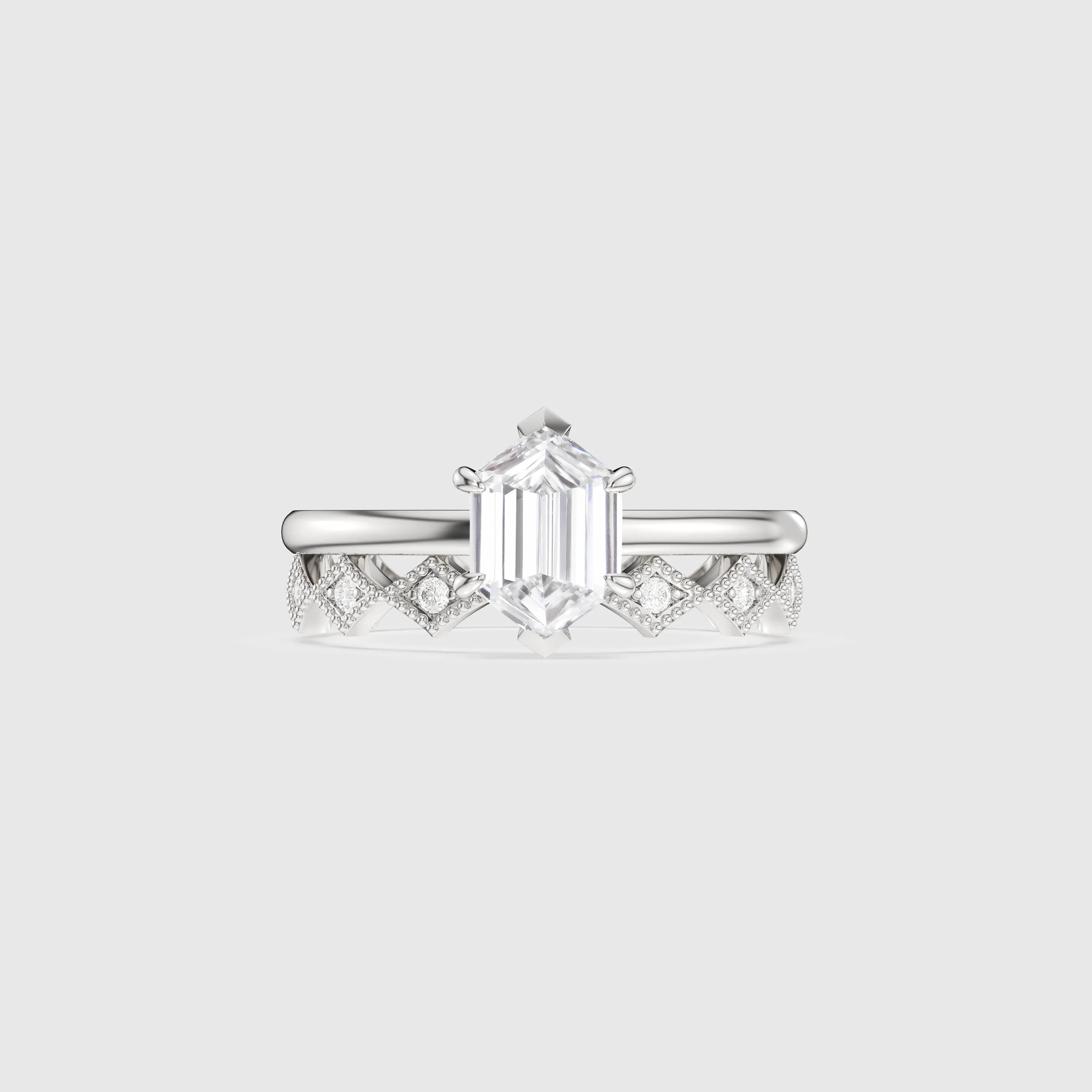 Hexagon Cut Bridal Set with Baguette Diamond Band