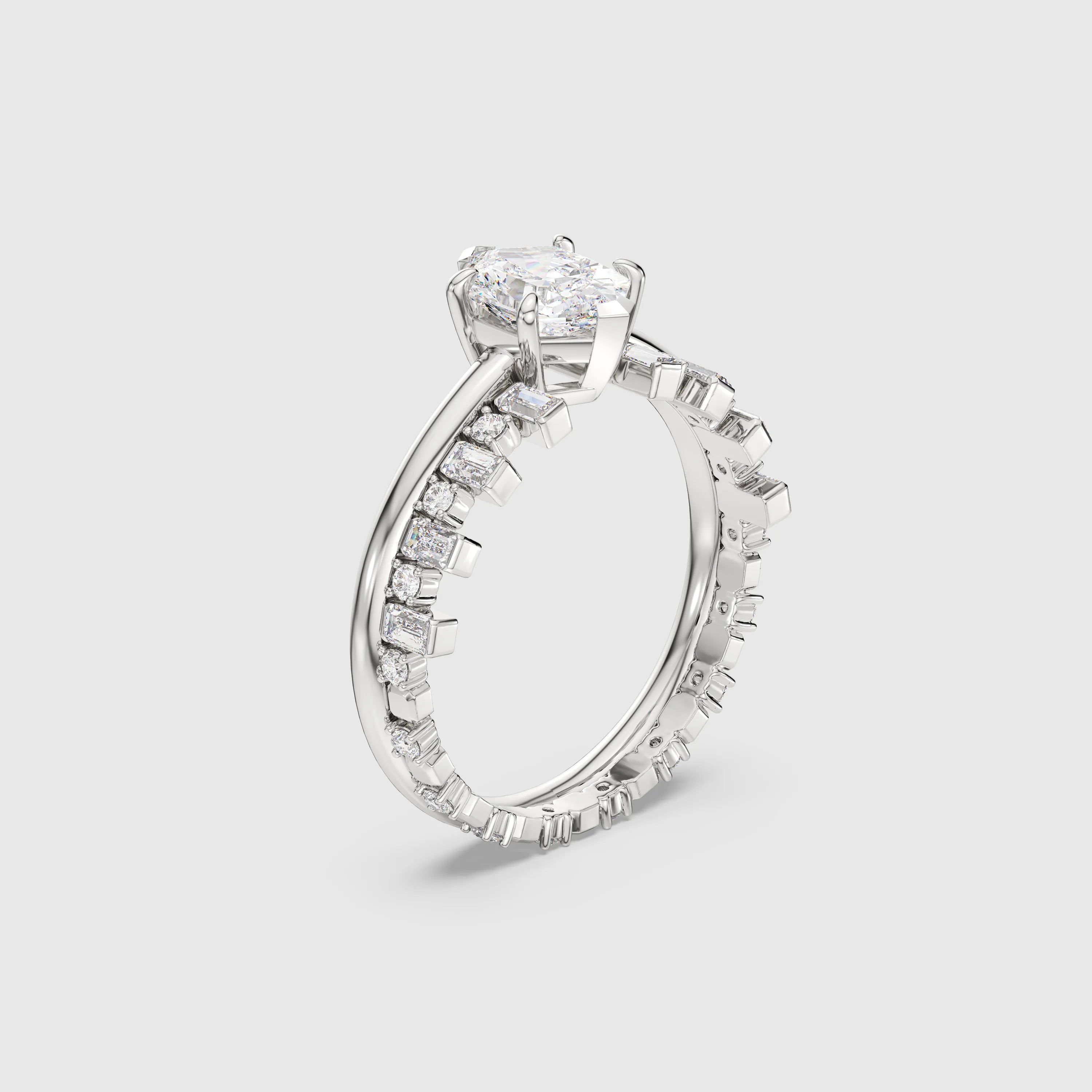 Hexagon Cut Bridal Set with Baguette Diamond Band