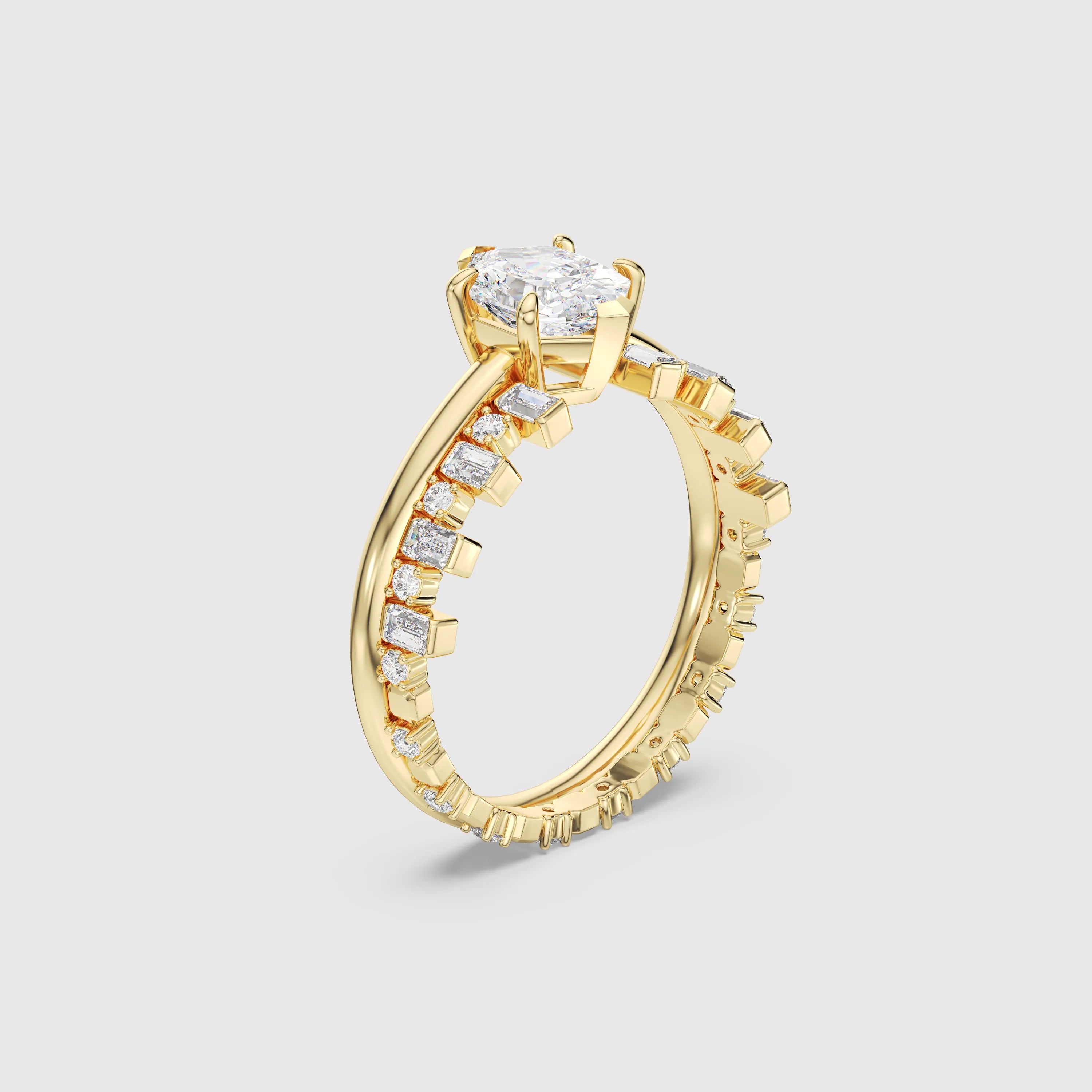 Hexagon Cut Bridal Set with Baguette Diamond Band