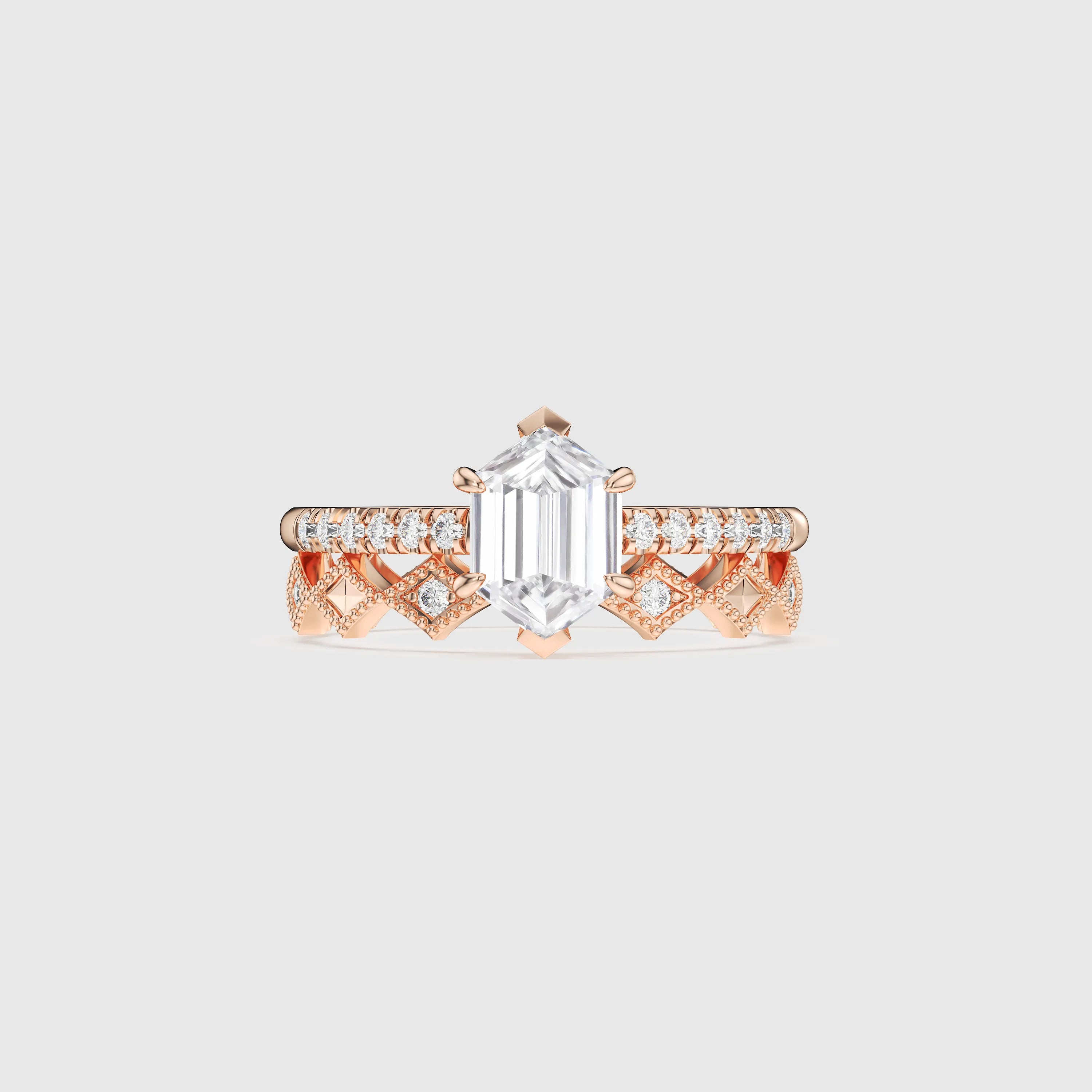 Hexagon Cut Diamond Engagement Ring with Pavé Band Bridal Set
