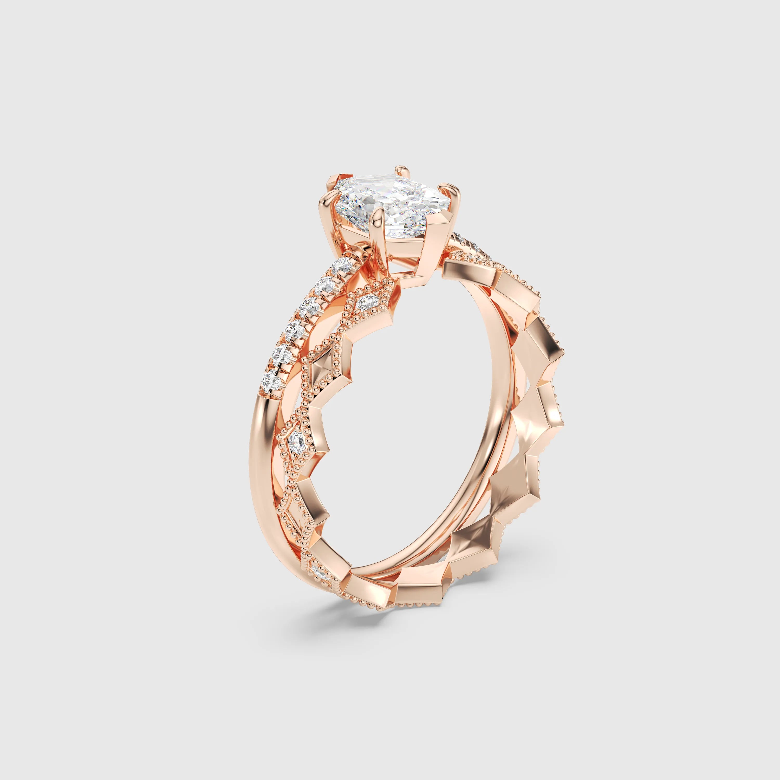 Hexagon Cut Diamond Engagement Ring with Pave Band Bridal Set