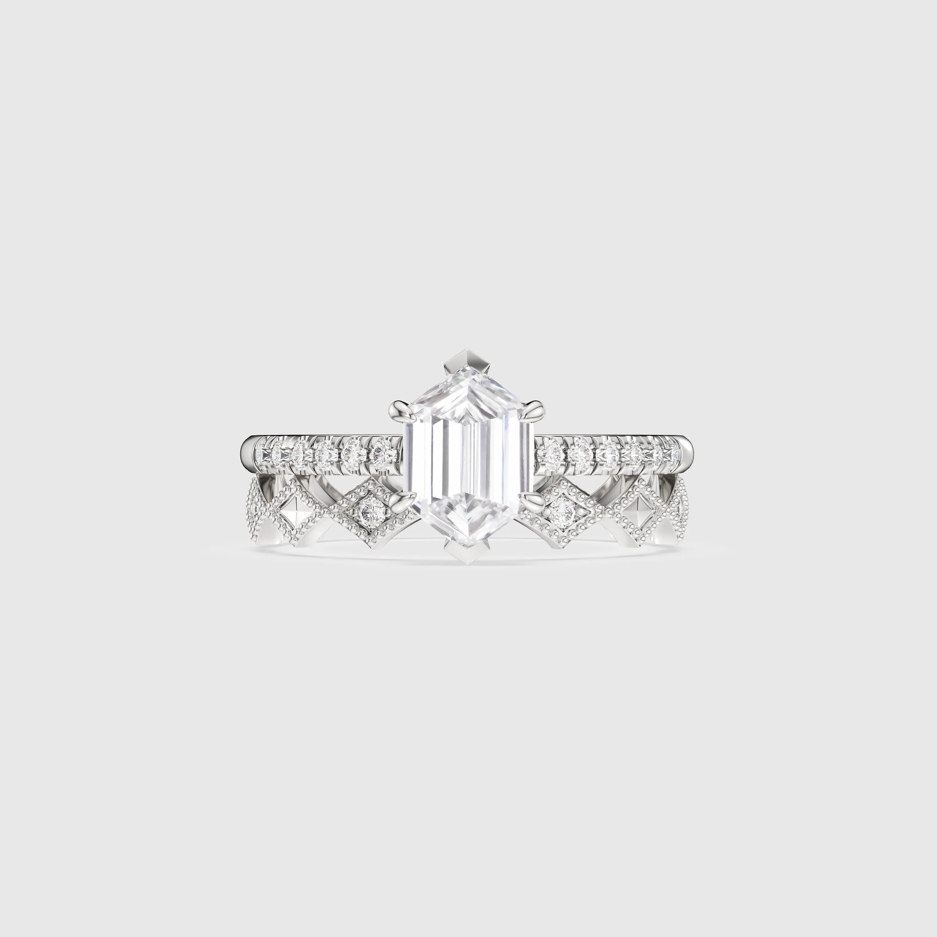 Hexagon Cut Diamond Engagement Ring with Pavé Band Bridal Set