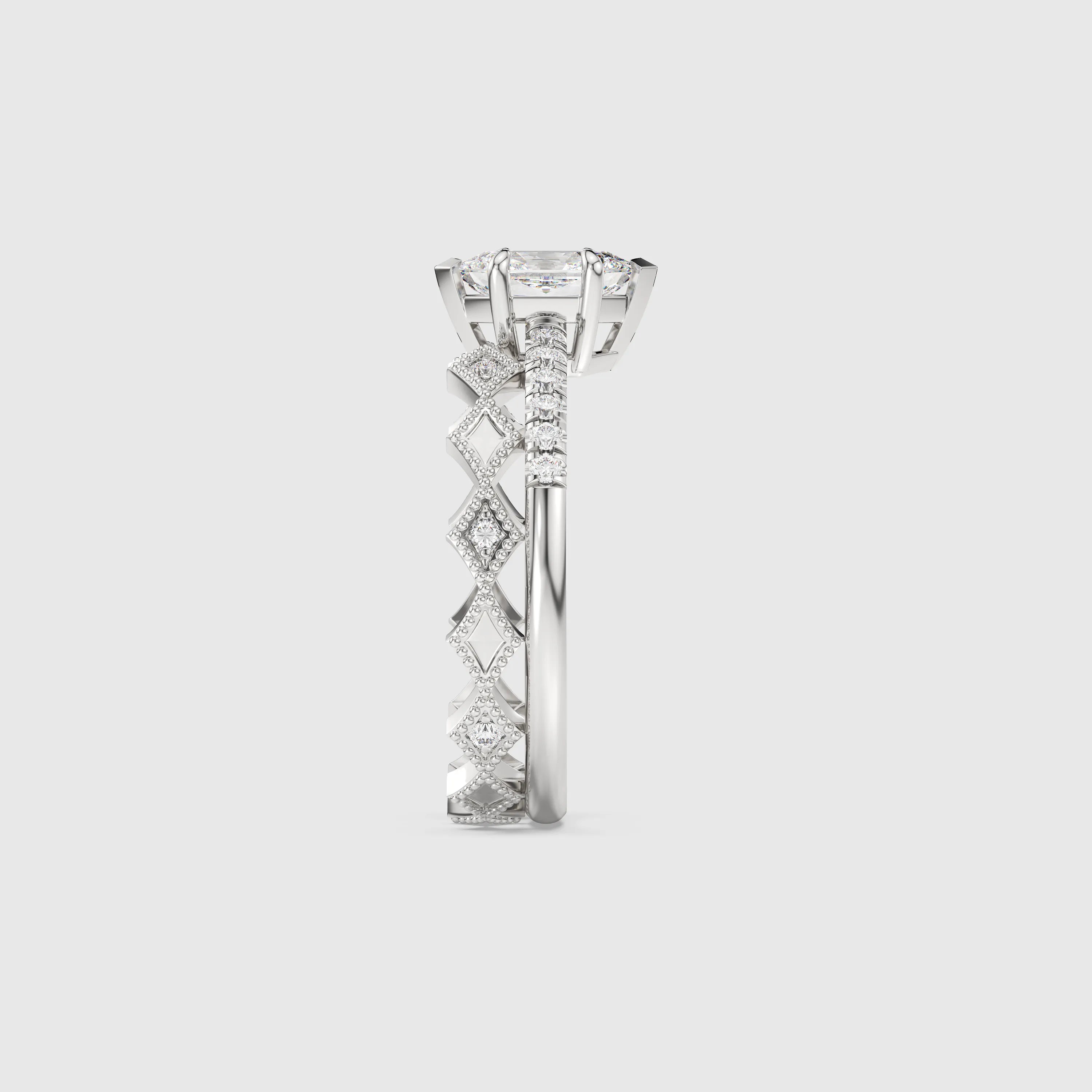 Hexagon Cut Diamond Engagement Ring with Pavé Band Bridal Set