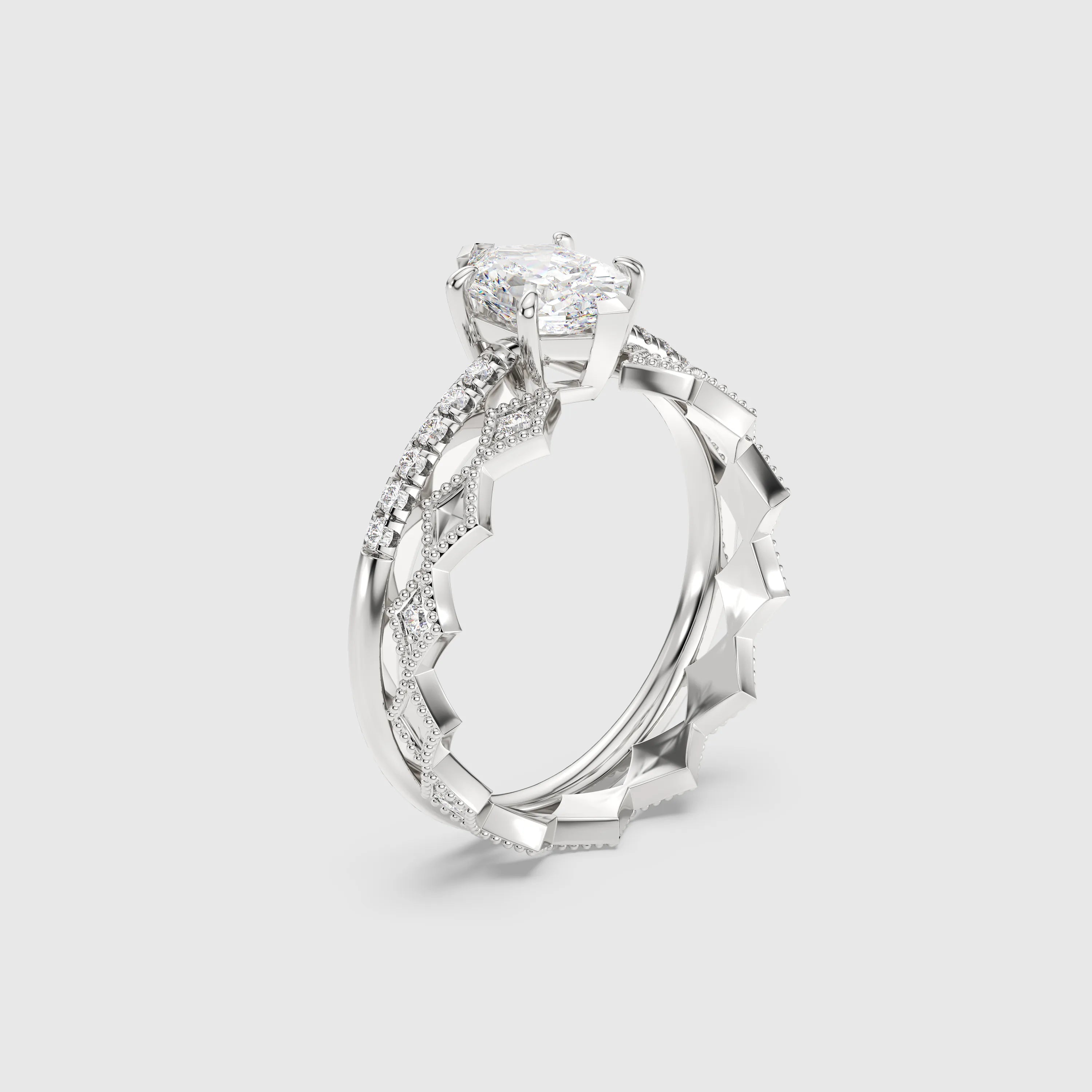 Hexagon Cut Diamond Engagement Ring with Pave Band Bridal Set