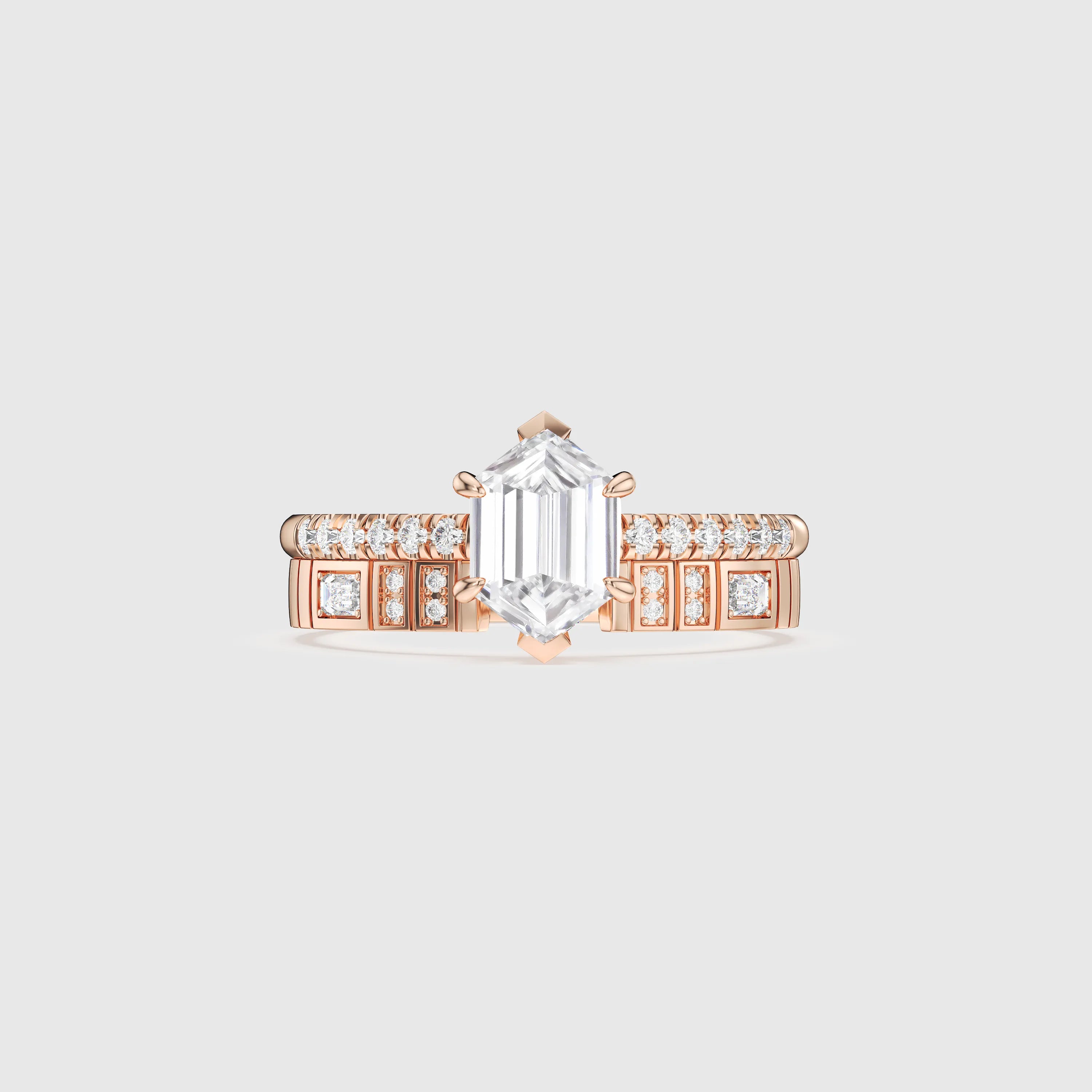 Hexagon Cut Bridal Set with Geometric Pave Diamond Band