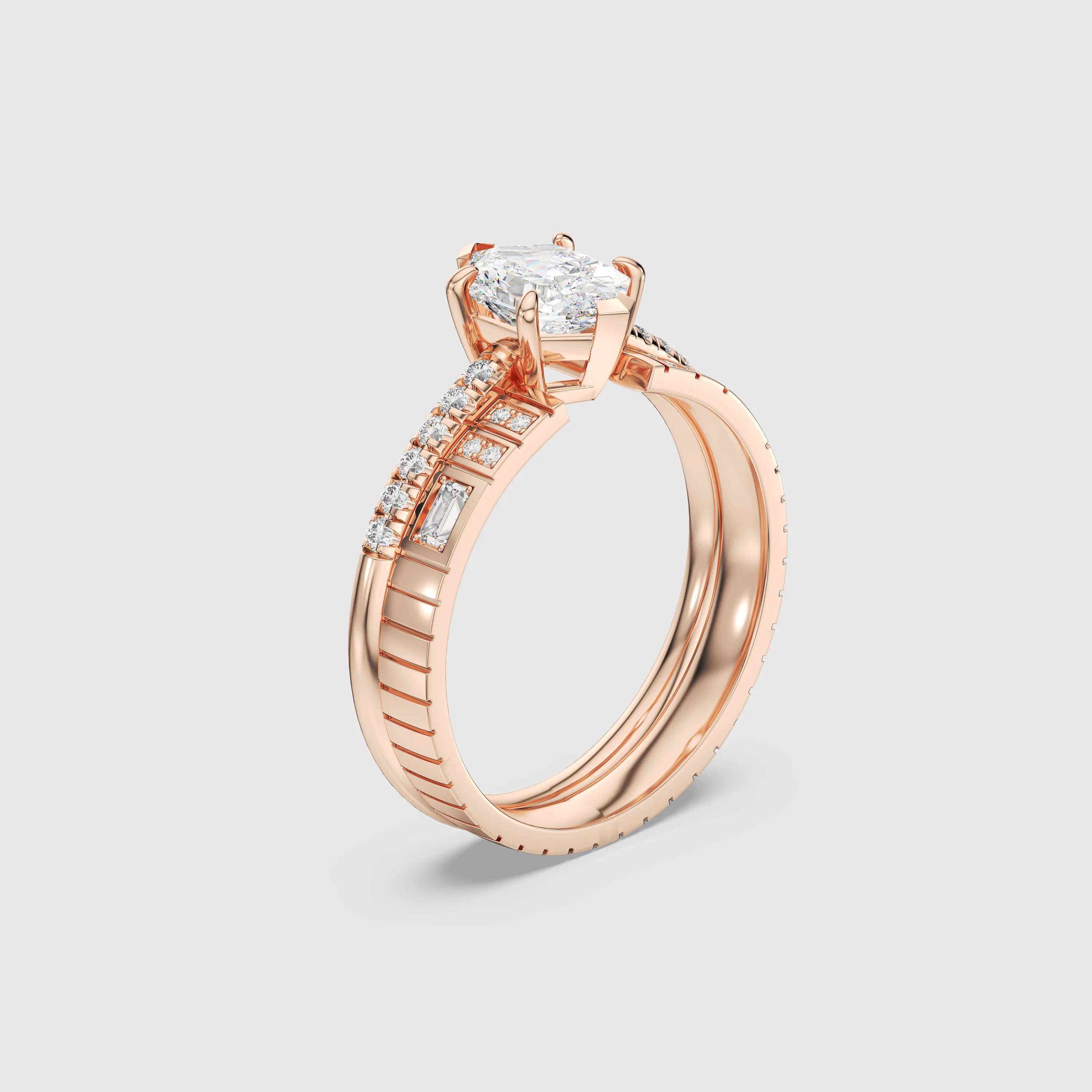 Hexagon Cut Bridal Set with Geometric Pave Diamond Band