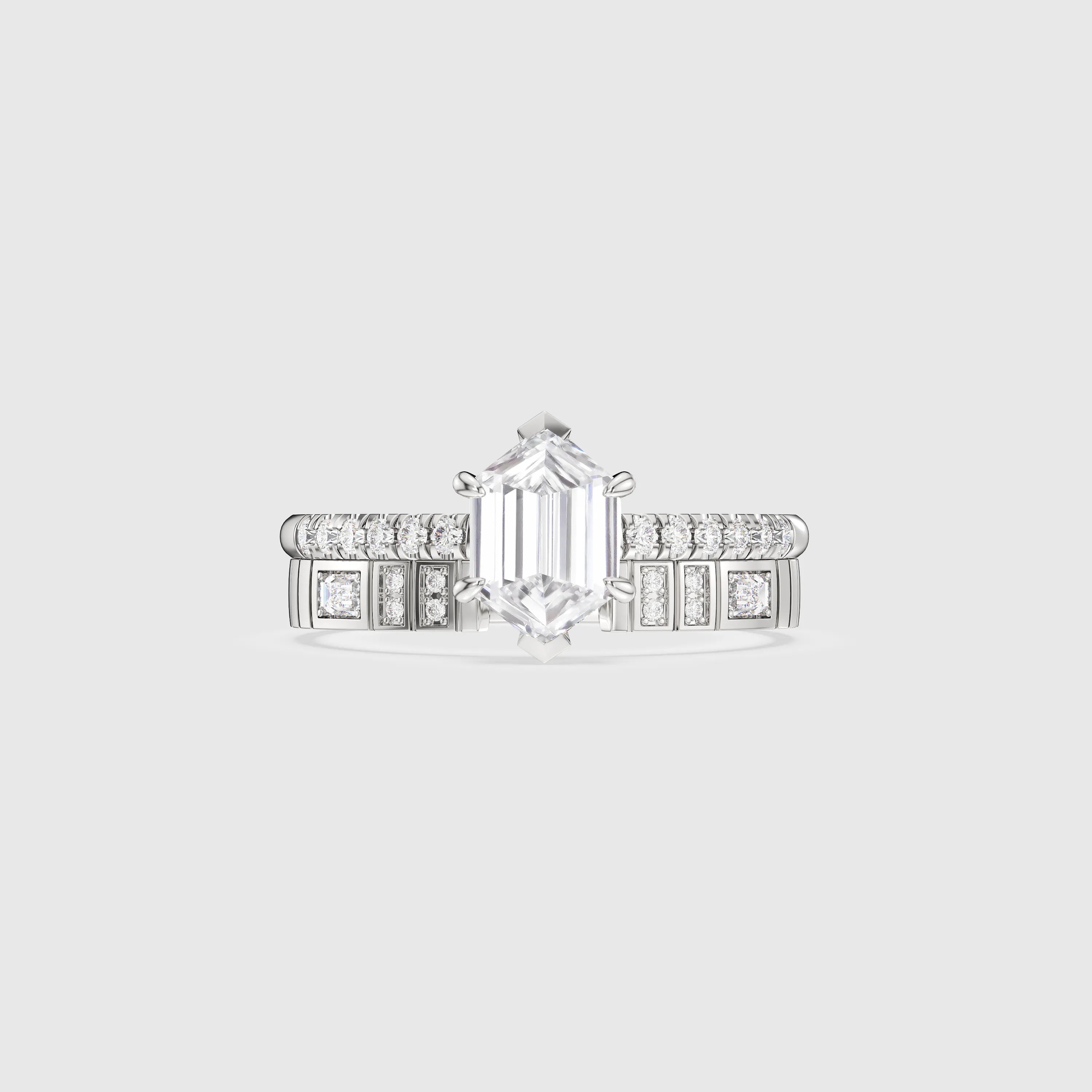 Hexagon Cut Bridal Set with Geometric Pave Diamond Band