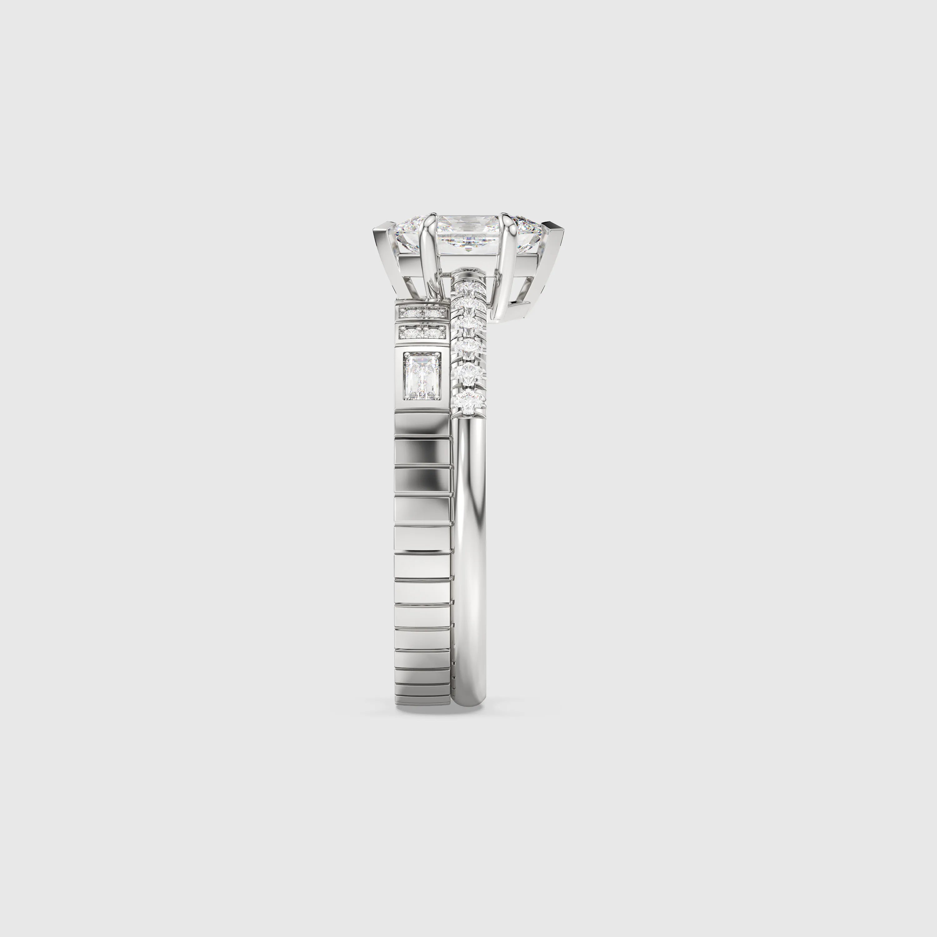 Hexagon Cut Bridal Set with Geometric Pave Diamond Band