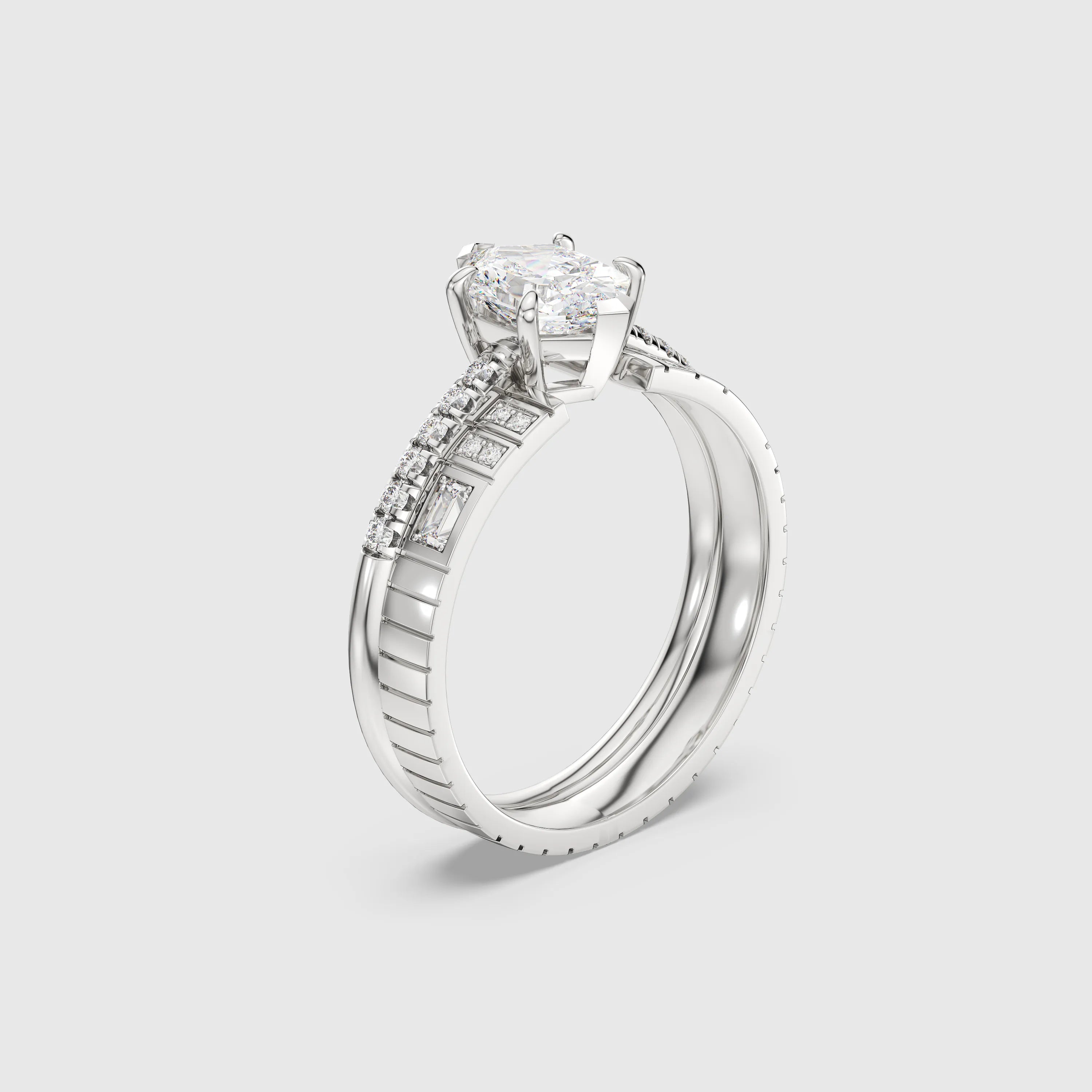 Hexagon Cut Bridal Set with Geometric Pave Diamond Band