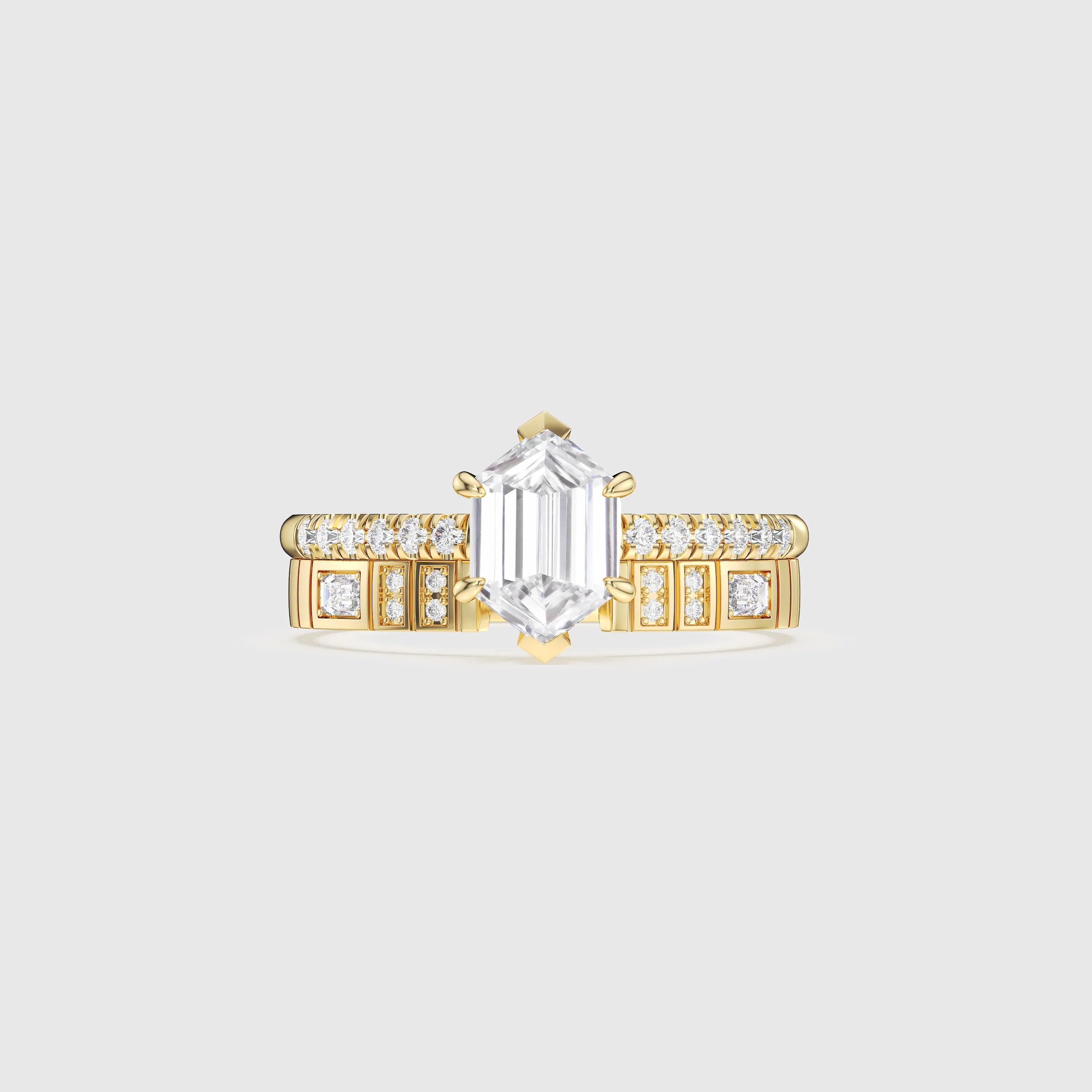 Hexagon Cut Bridal Set with Geometric Pavé Diamond Band