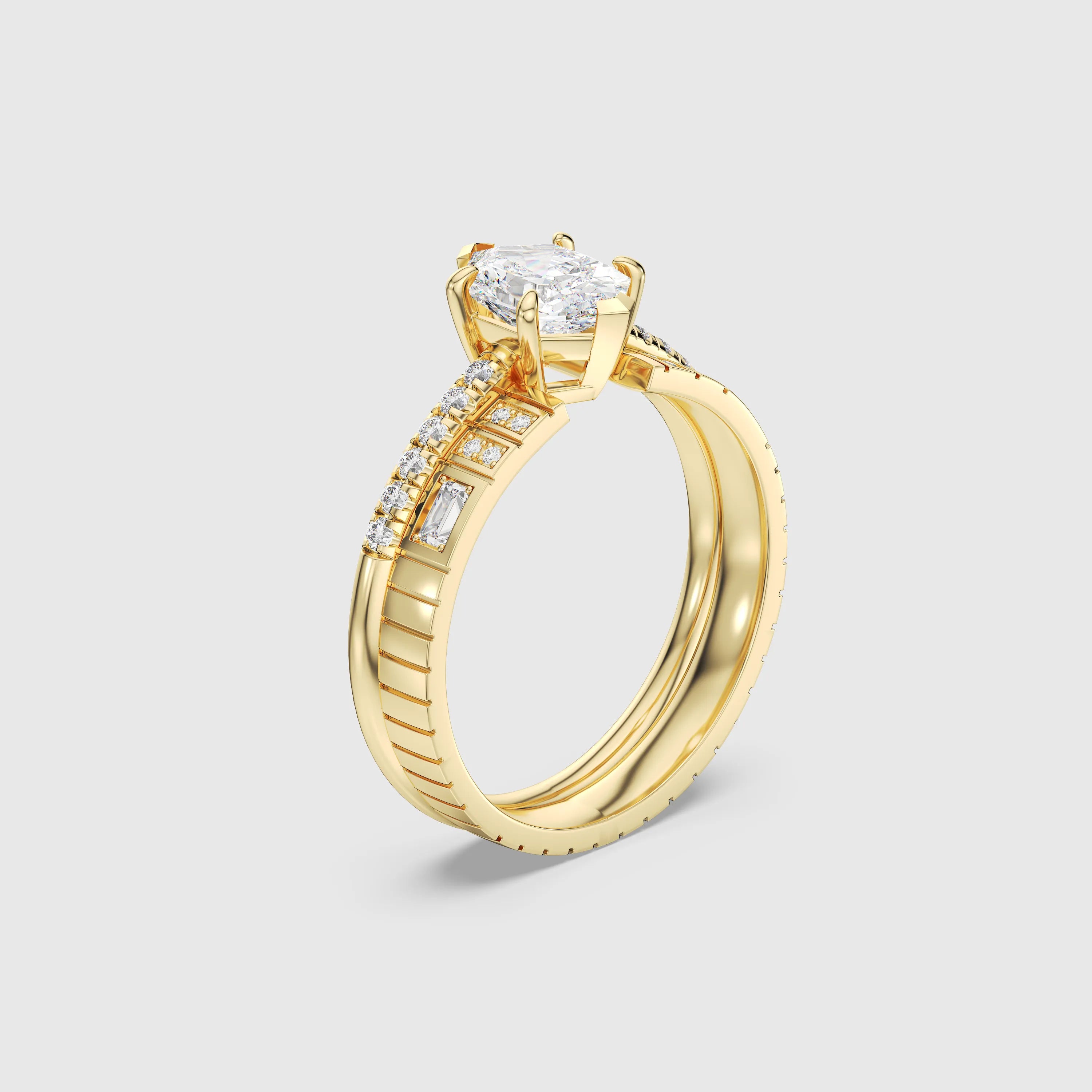 Hexagon Cut Bridal Set with Geometric Pavé Diamond Band