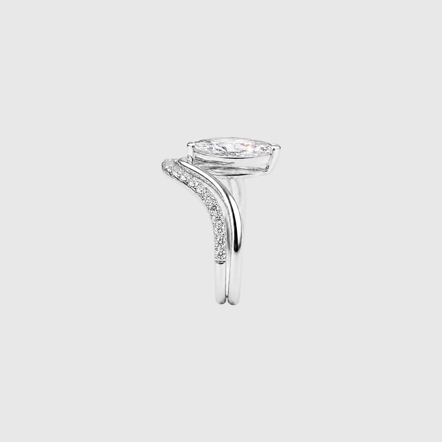 Marquise lab-grown diamond two-piece ring set in white gold, side view.