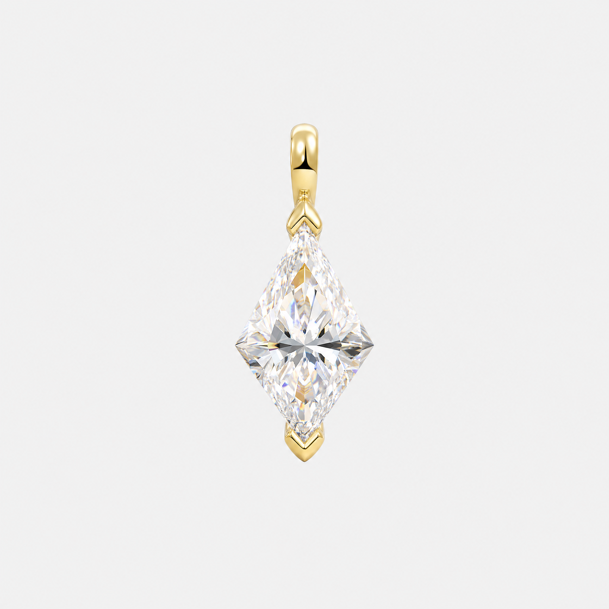 Front view of a kite-cut solitaire pendant in yellow gold with protective tip prongs.