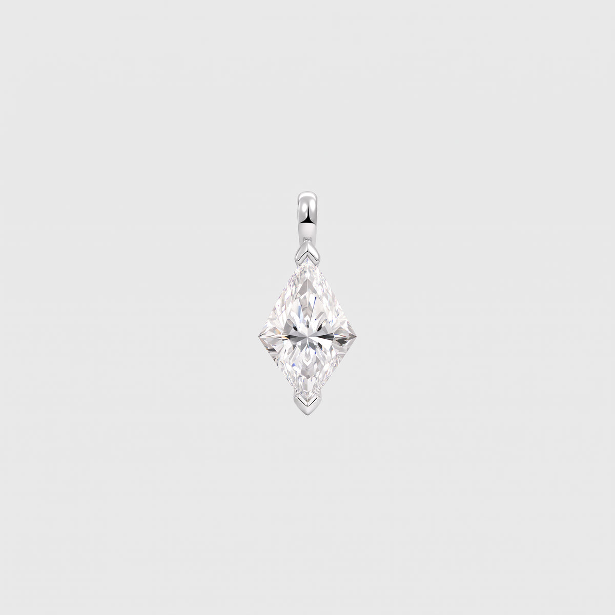 Front view of a kite-cut solitaire pendant in white metal with protective tip prongs.