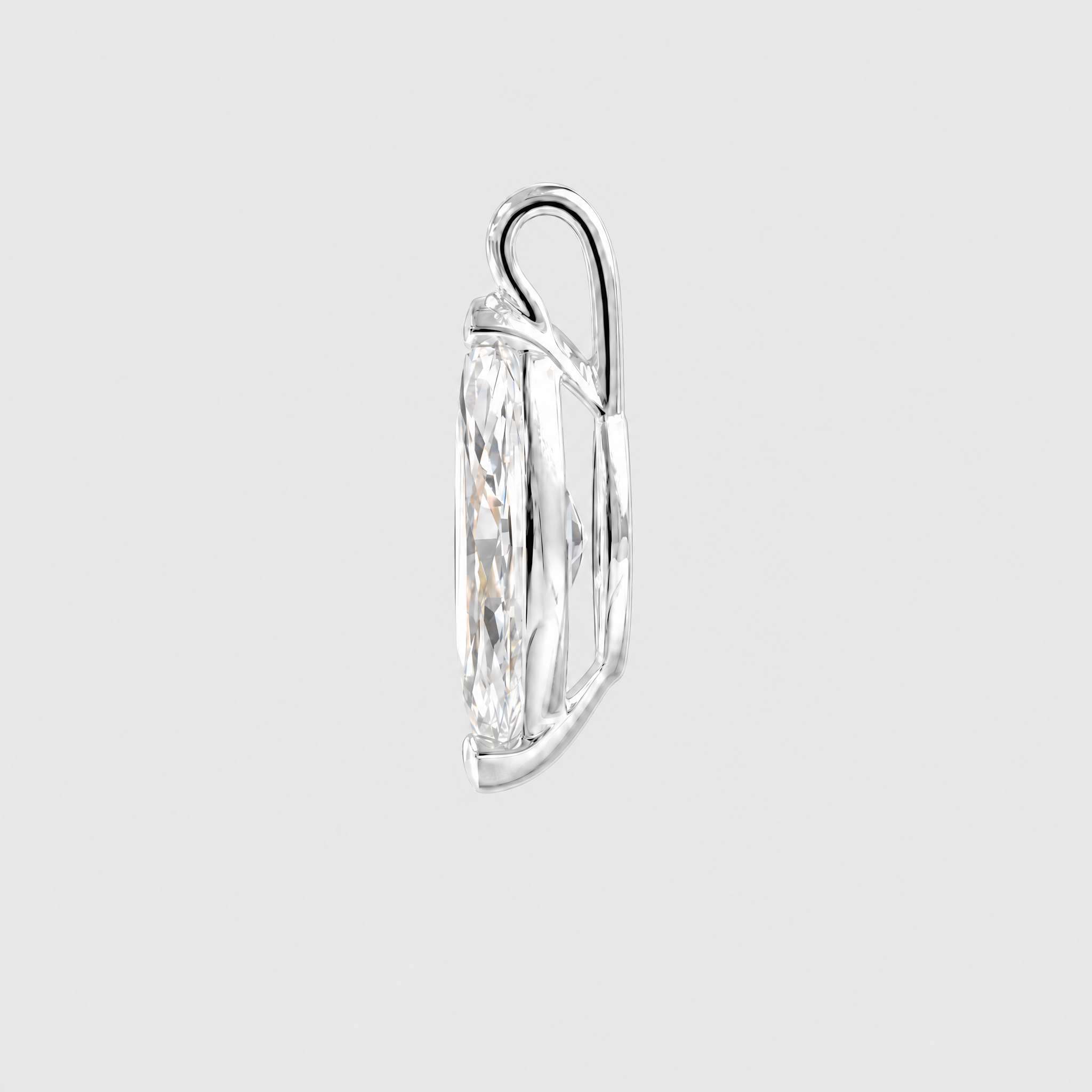 Side view of a marquise-cut solitaire pendant in white metal showing the open setting and bail.