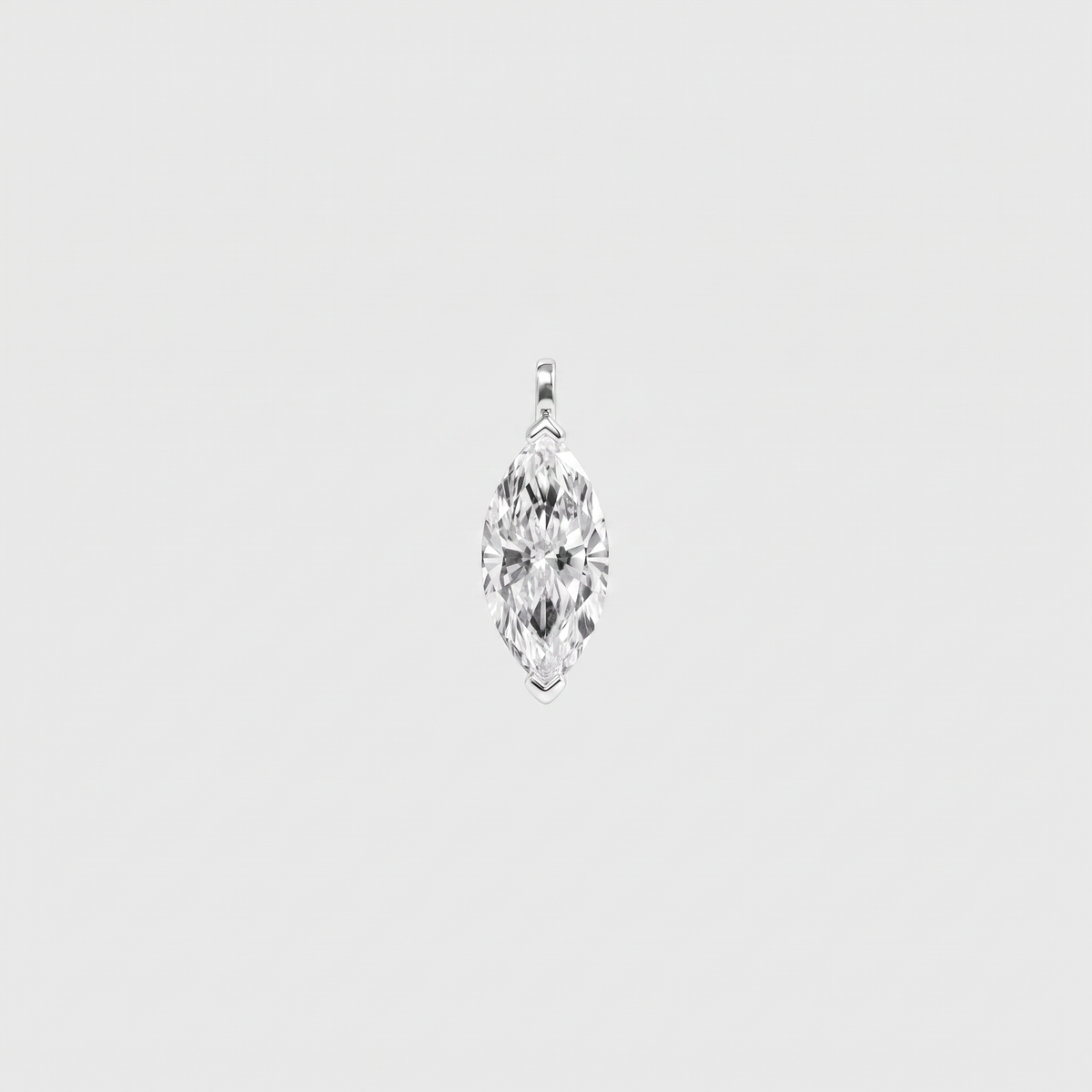 Front view of a marquise-cut solitaire pendant in white gold with protective tip prongs.