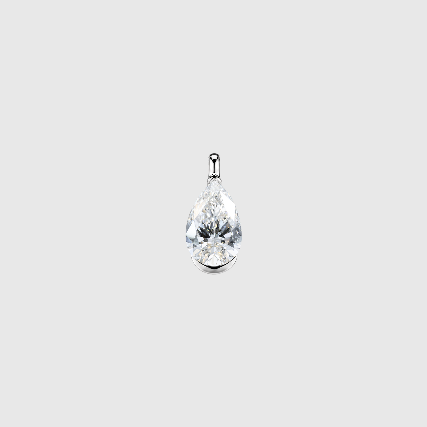 Front view of a pear-cut diamond pendant in white gold with a half-bezel setting.