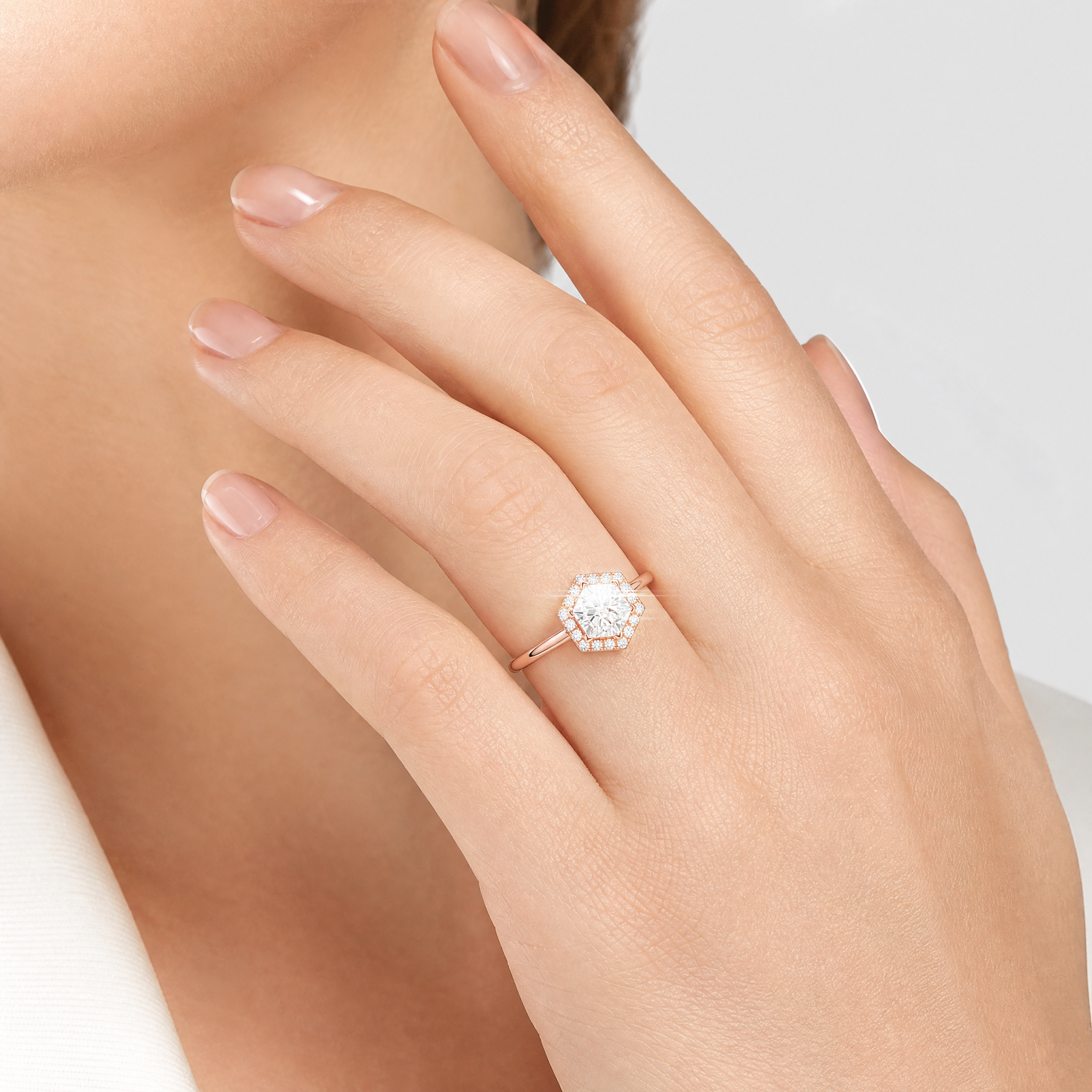 Brilliant Hexagon Halo Lab Diamond Engagement Ring in Solid Gold