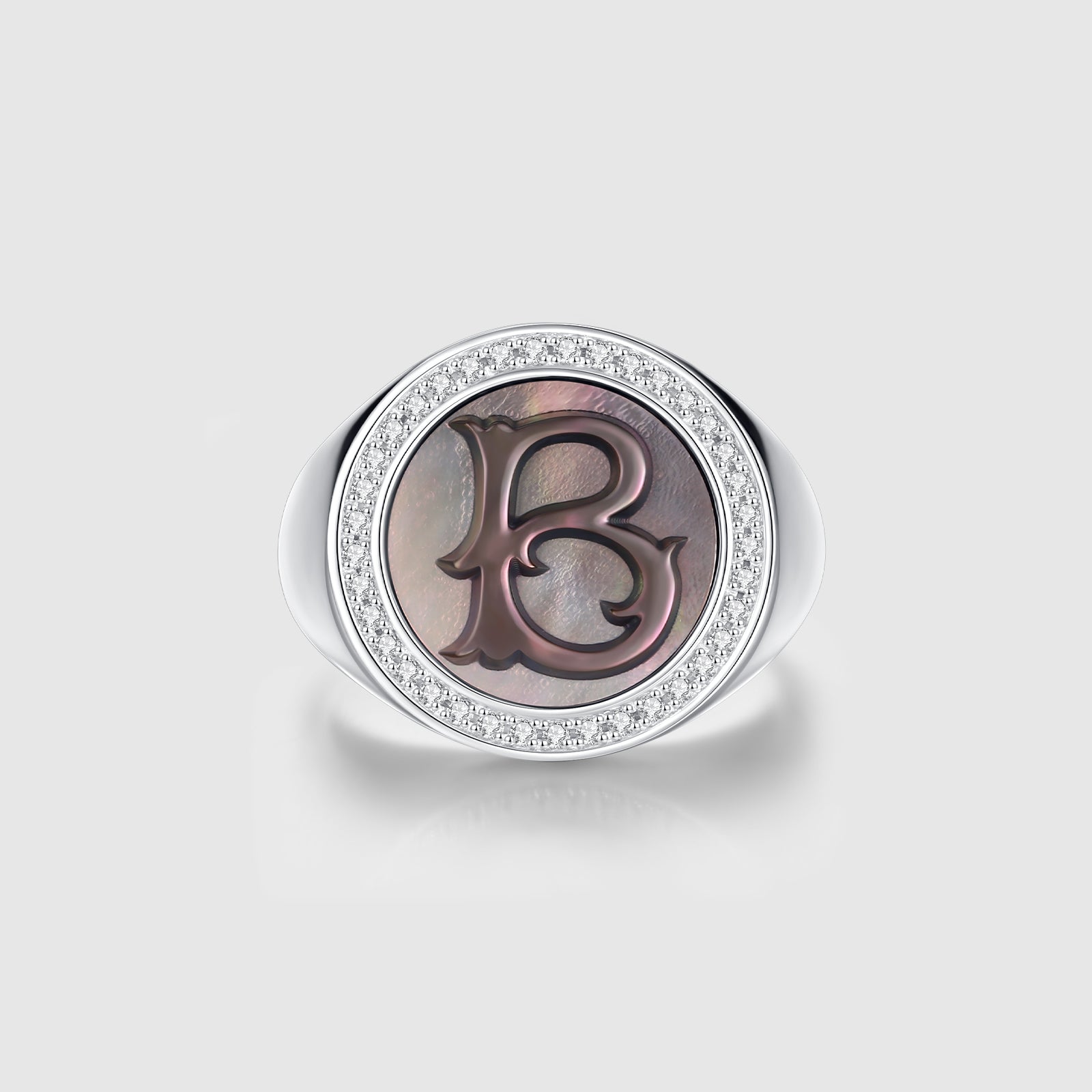 Initial B Letter Series Mother of Pearl and Diamond Signet Ring