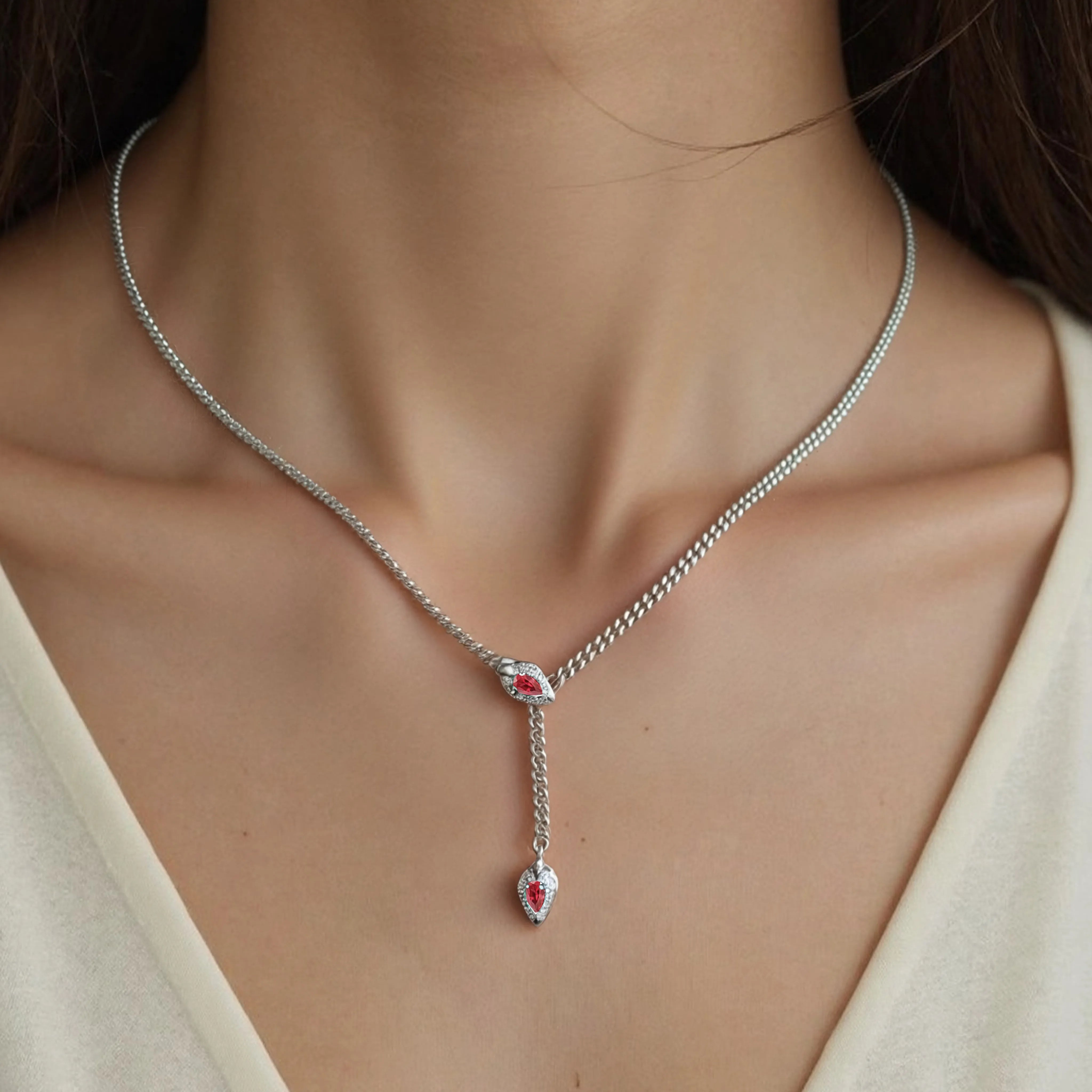 Lab Grown Ruby Snake Pendant Cuban Necklace